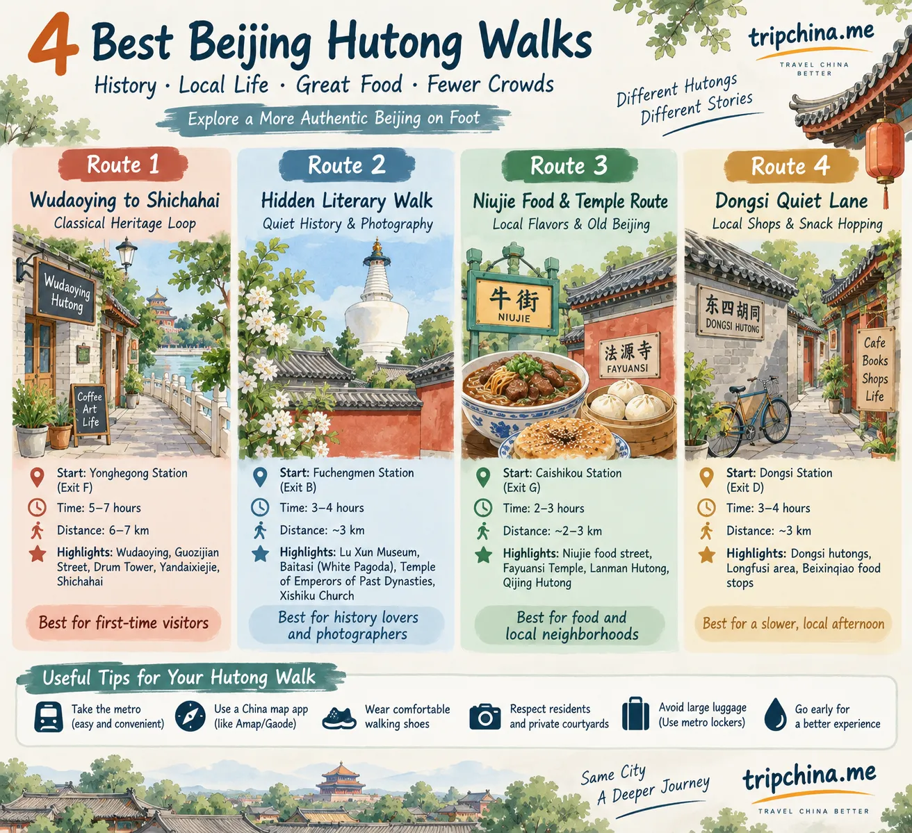 Beijing hutong walks illustration comparing four self-guided routes through Wudaoying, Baitasi, Niujie and Dongsi.