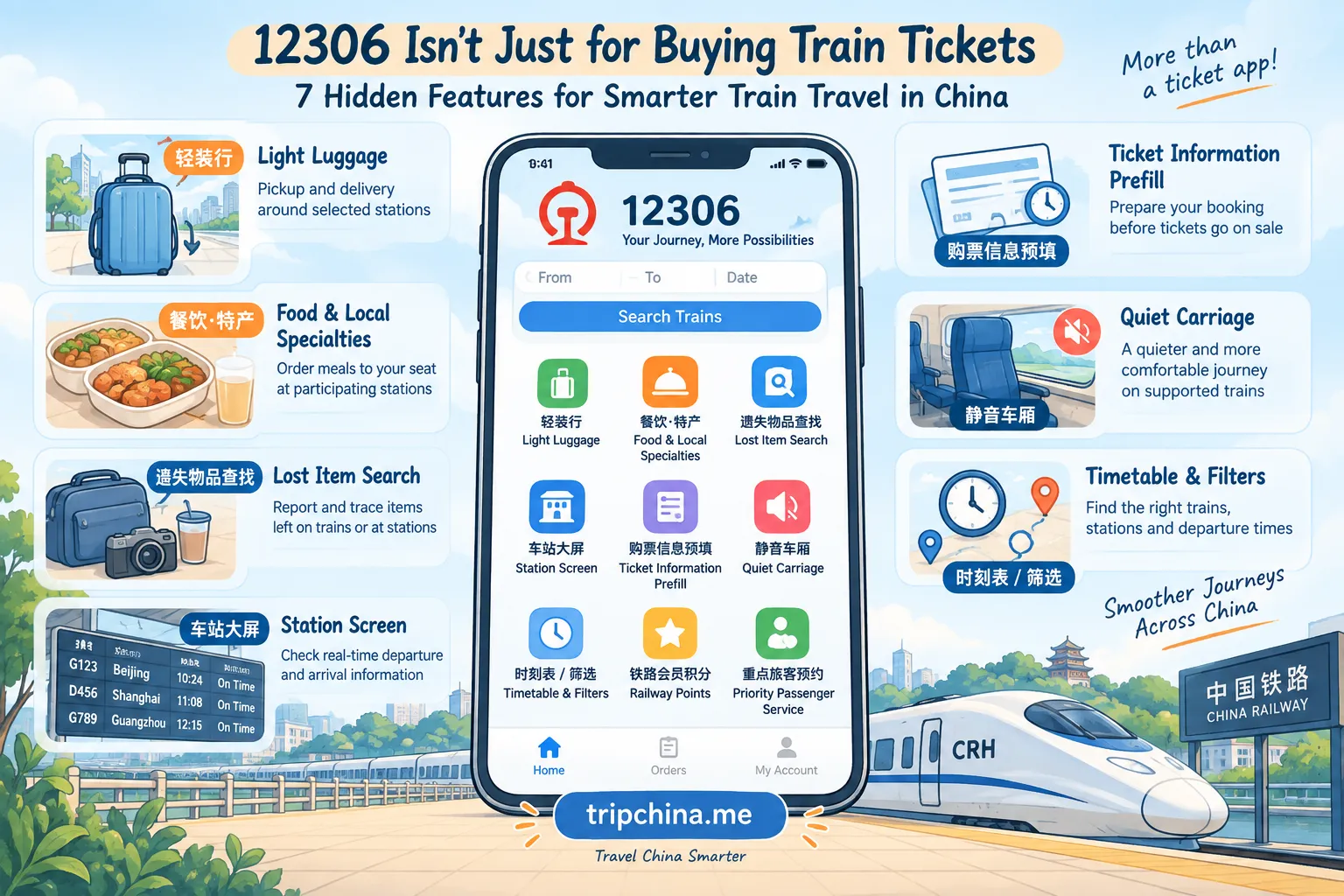 12306 hidden features for foreign travelers, including luggage delivery, food ordering, lost item search, quiet carriage and train information