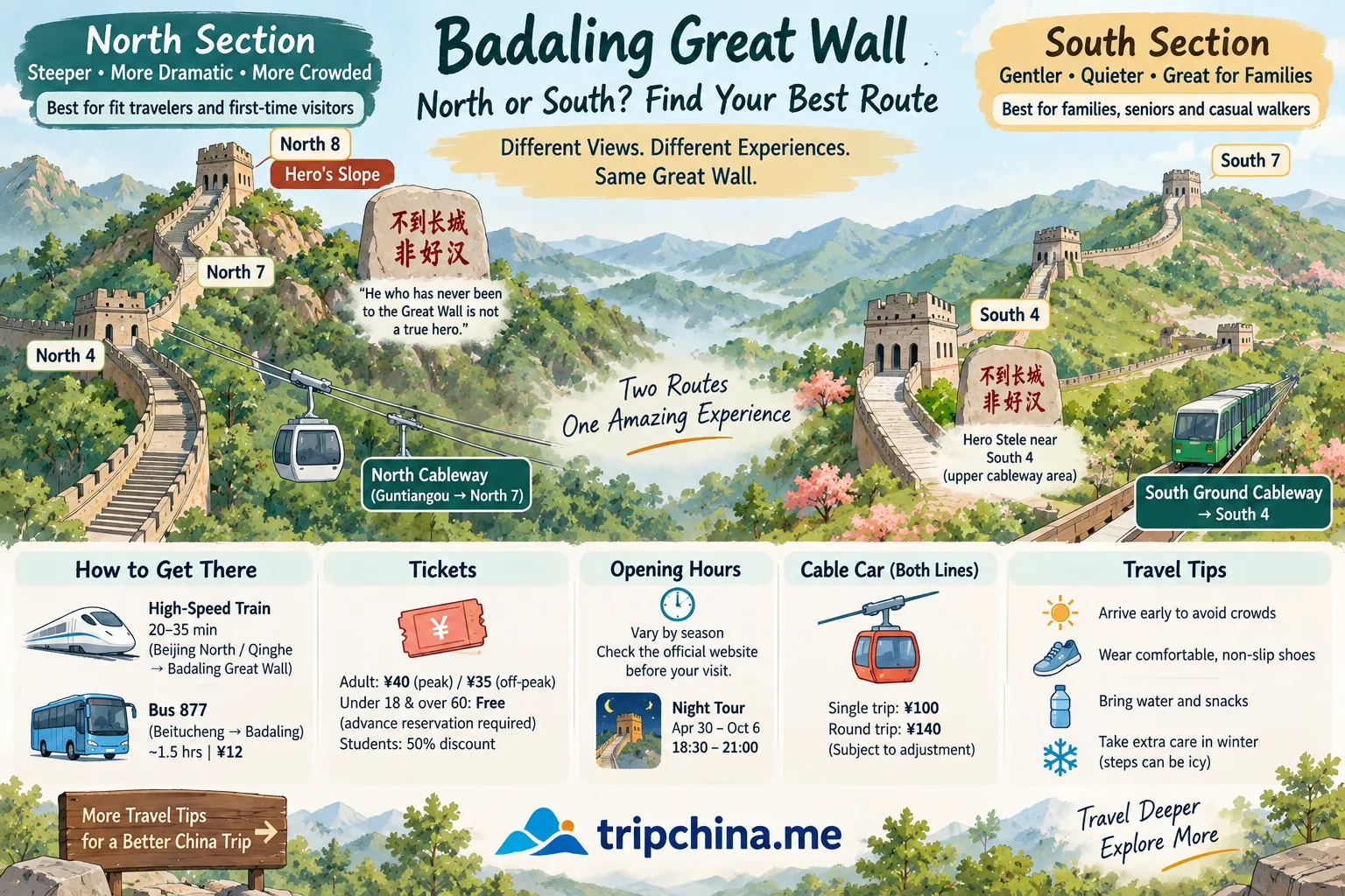 Badaling Great Wall north vs south route map showing North 8 Hero’s Slope, South 4, cable cars, tickets and transport tips
