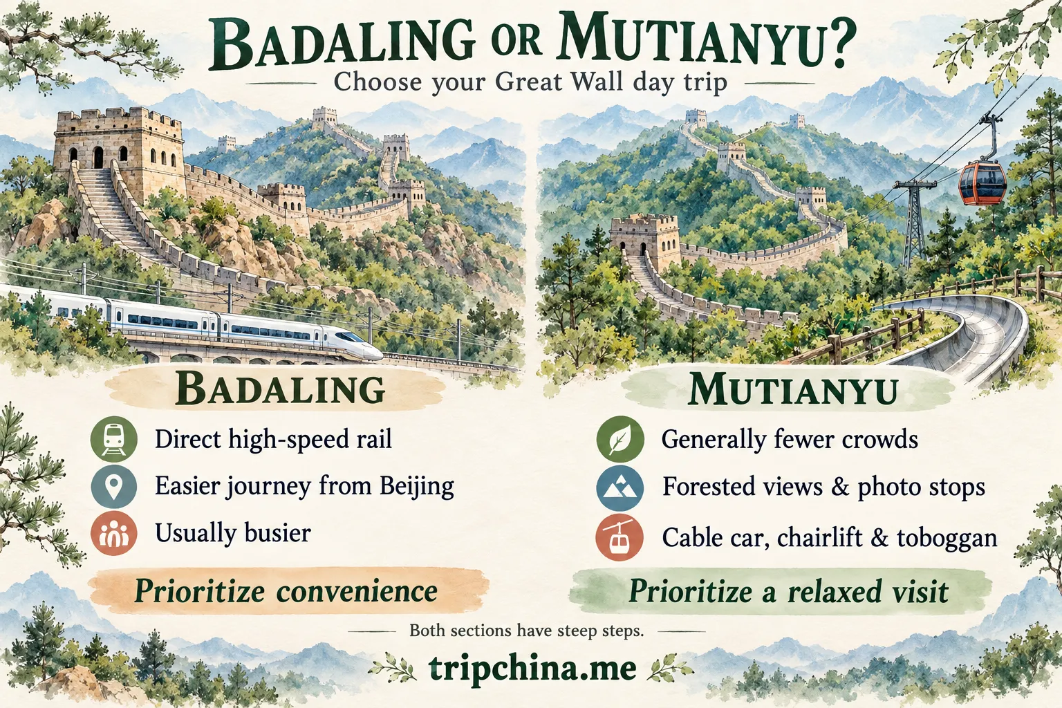 Watercolor comparison of Badaling and Mutianyu Great Wall, highlighting train access, crowd levels, mountain scenery and cable transport.