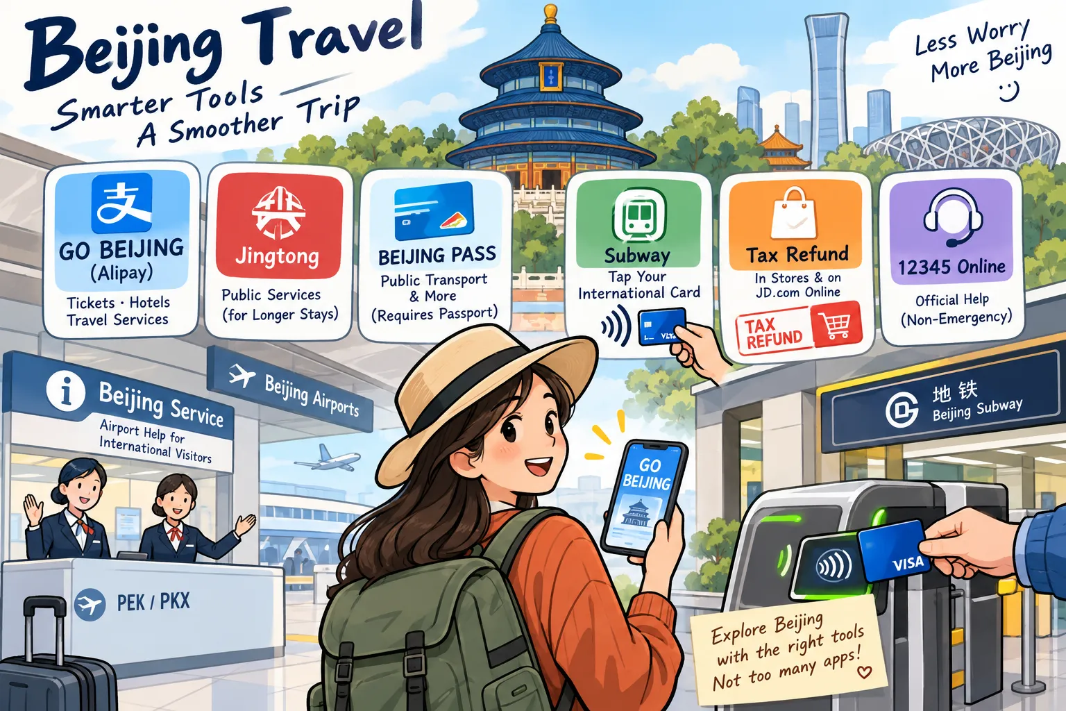 Beijing travel apps for foreigners including GO BEIJING, Jingtong, Beijing Pass, subway payment, tax refund and 12345 Online