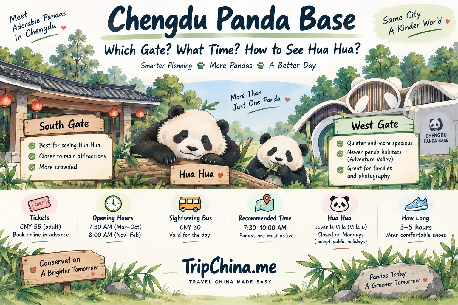 Chengdu Panda Base guide comparing South Gate and West Gate, with Hua Hua, opening times, tickets and the best time to see pandas