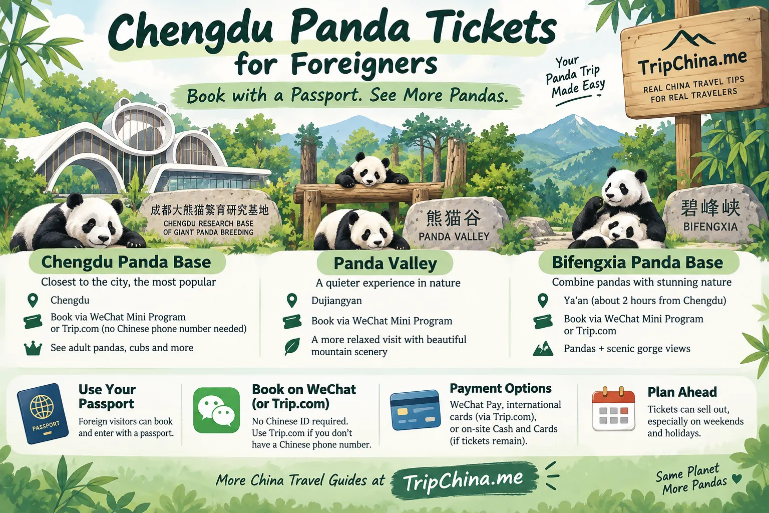 Chengdu panda tickets for foreigners infographic comparing Chengdu Panda Base, Panda Valley and Bifengxia, with passport and booking tips.