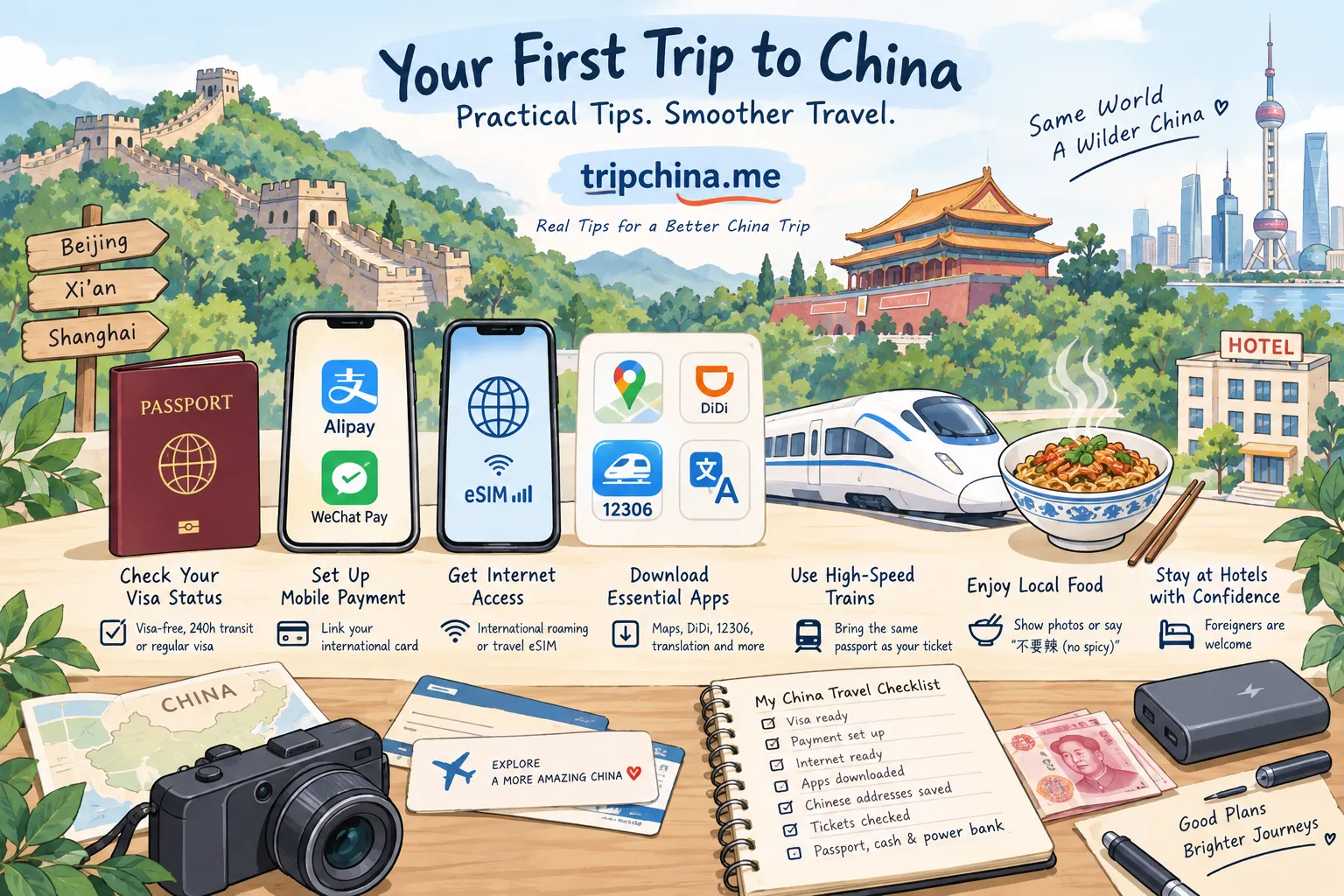 China travel tips for first-time visitors covering visas, mobile payments, eSIM internet, essential apps, high-speed trains, food and hotels