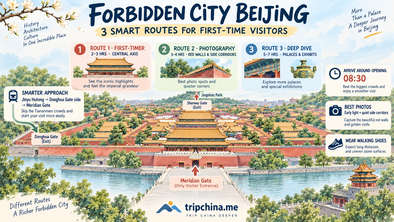 Forbidden City Beijing route guide showing three itineraries for first-time visitors, Donghua Gate approach, Meridian Gate entrance and crowd-saving tips.