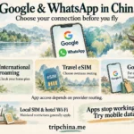 Hand-drawn guide to using Google and WhatsApp in China with international roaming, travel eSIMs and Google Fi, plus local SIM and Wi-Fi limitations.
