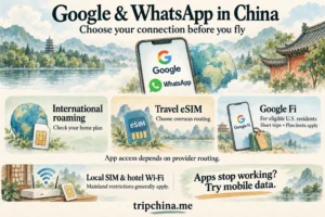 Hand-drawn guide to using Google and WhatsApp in China with international roaming, travel eSIMs and Google Fi, plus local SIM and Wi-Fi limitations.