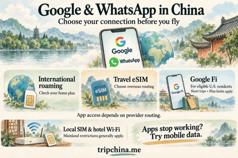 Hand-drawn guide to using Google and WhatsApp in China with international roaming, travel eSIMs and Google Fi, plus local SIM and Wi-Fi limitations.