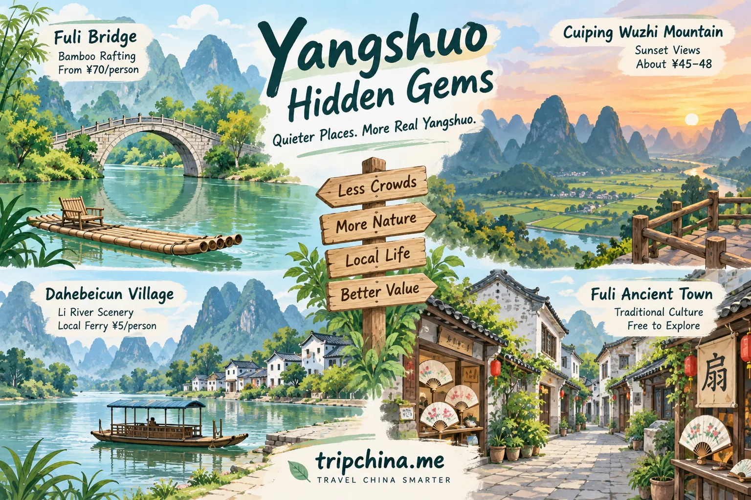 Yangshuo hidden gems including Fuli Bridge, Dahebeicun Village, Cuiping Wuzhi Mountain and Fuli Ancient Town