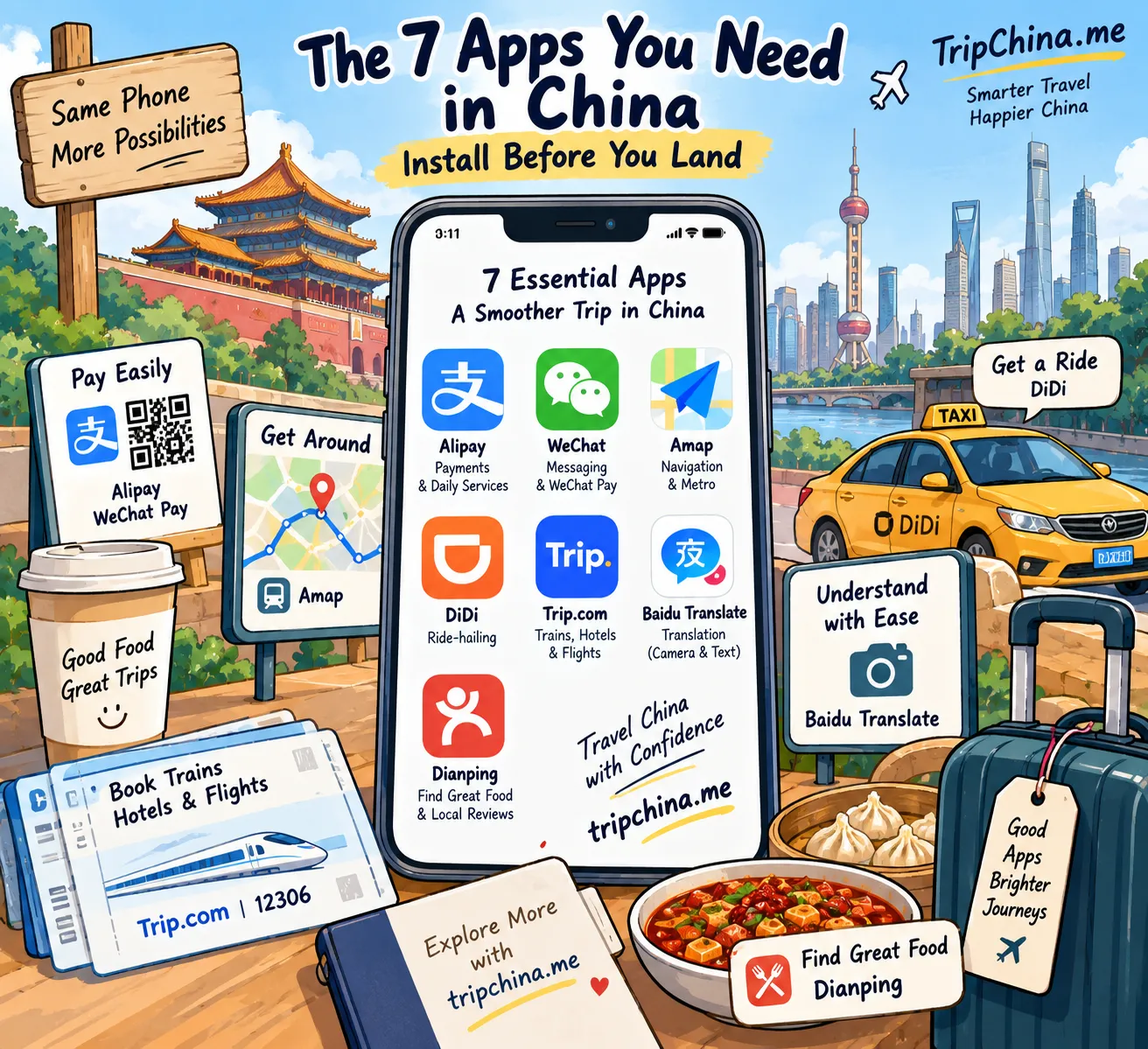 Hand-drawn China travel apps guide showing 7 essential apps for foreign travelers, including Alipay, WeChat, Amap, DiDi, Trip.com, Baidu Translate and Dianping