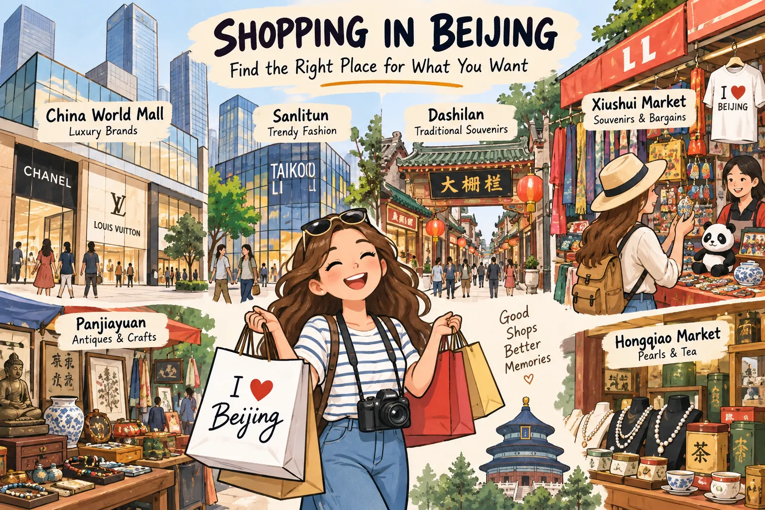 Beijing shopping guide showing China World Mall, Sanlitun, Dashilan, Xiushui Market, Panjiayuan and Hongqiao Market