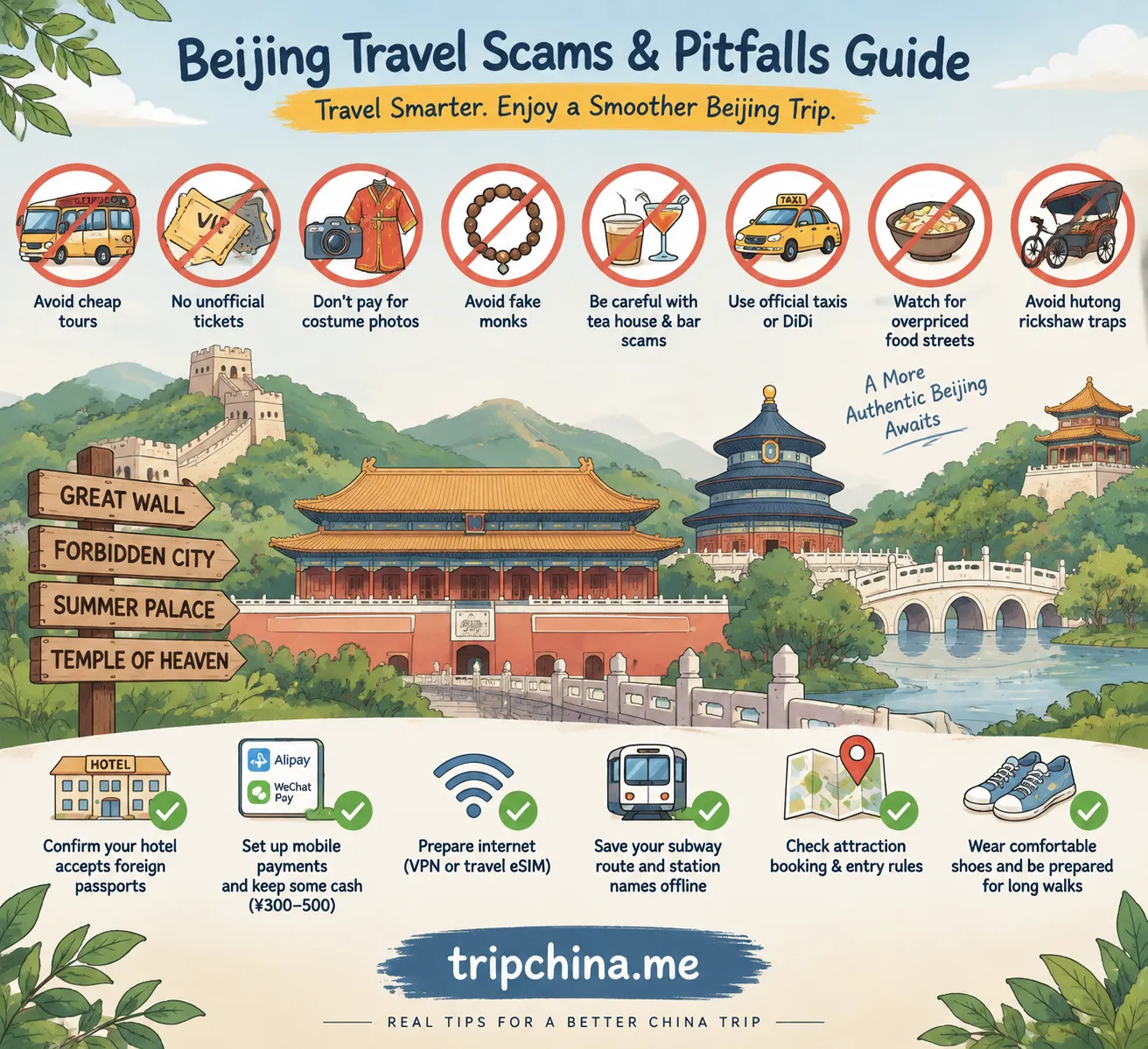 Beijing travel scams and pitfalls guide illustration showing Great Wall, Forbidden City, Temple of Heaven, tourist traps to avoid, and smart travel tips for foreigners