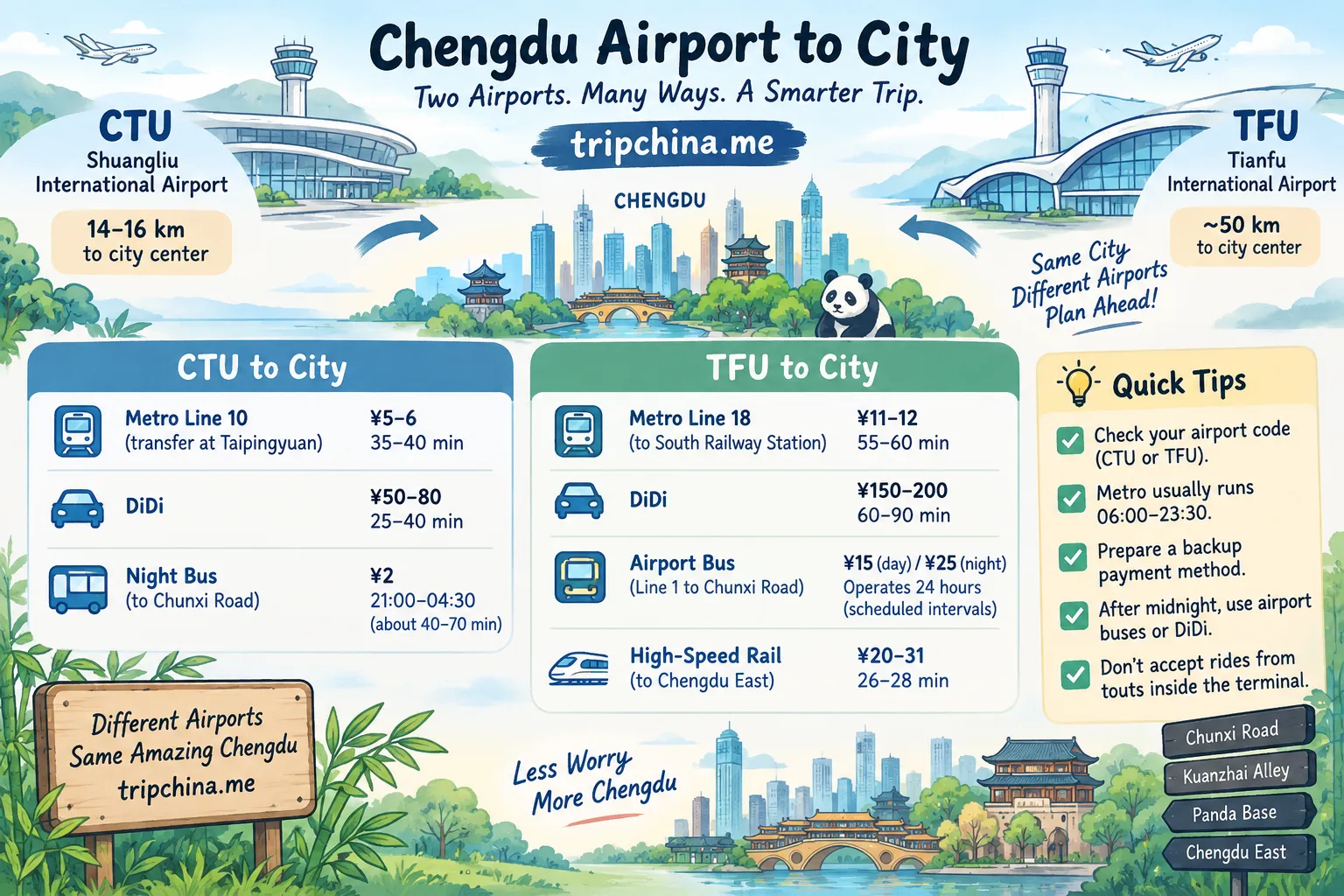Chengdu airport to city transport comparison showing CTU Shuangliu and TFU Tianfu metro, DiDi, airport bus and high-speed rail options