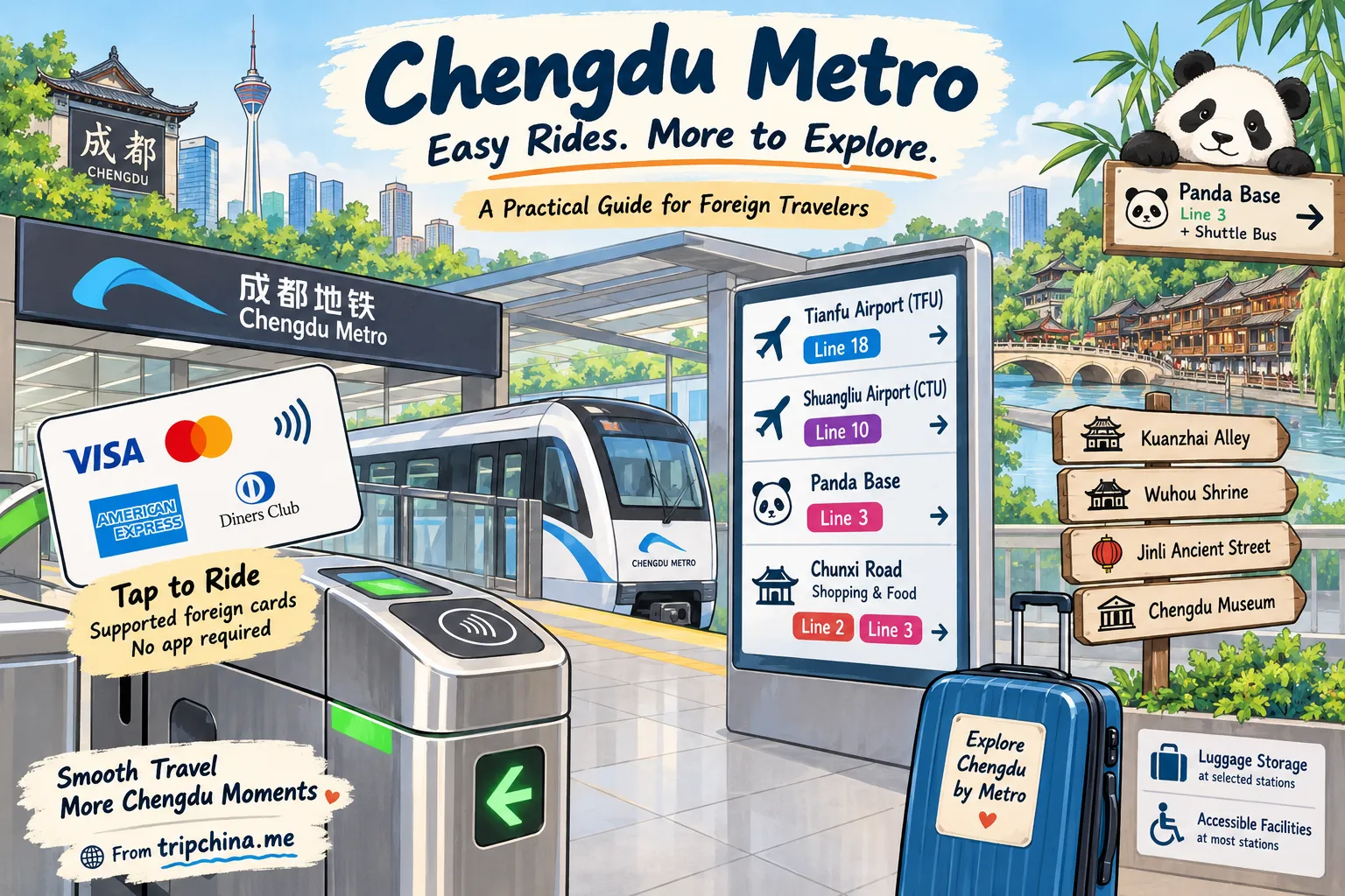Chengdu Metro guide for foreign travelers showing contactless bank card payment, airport lines, Panda Base and major city stops