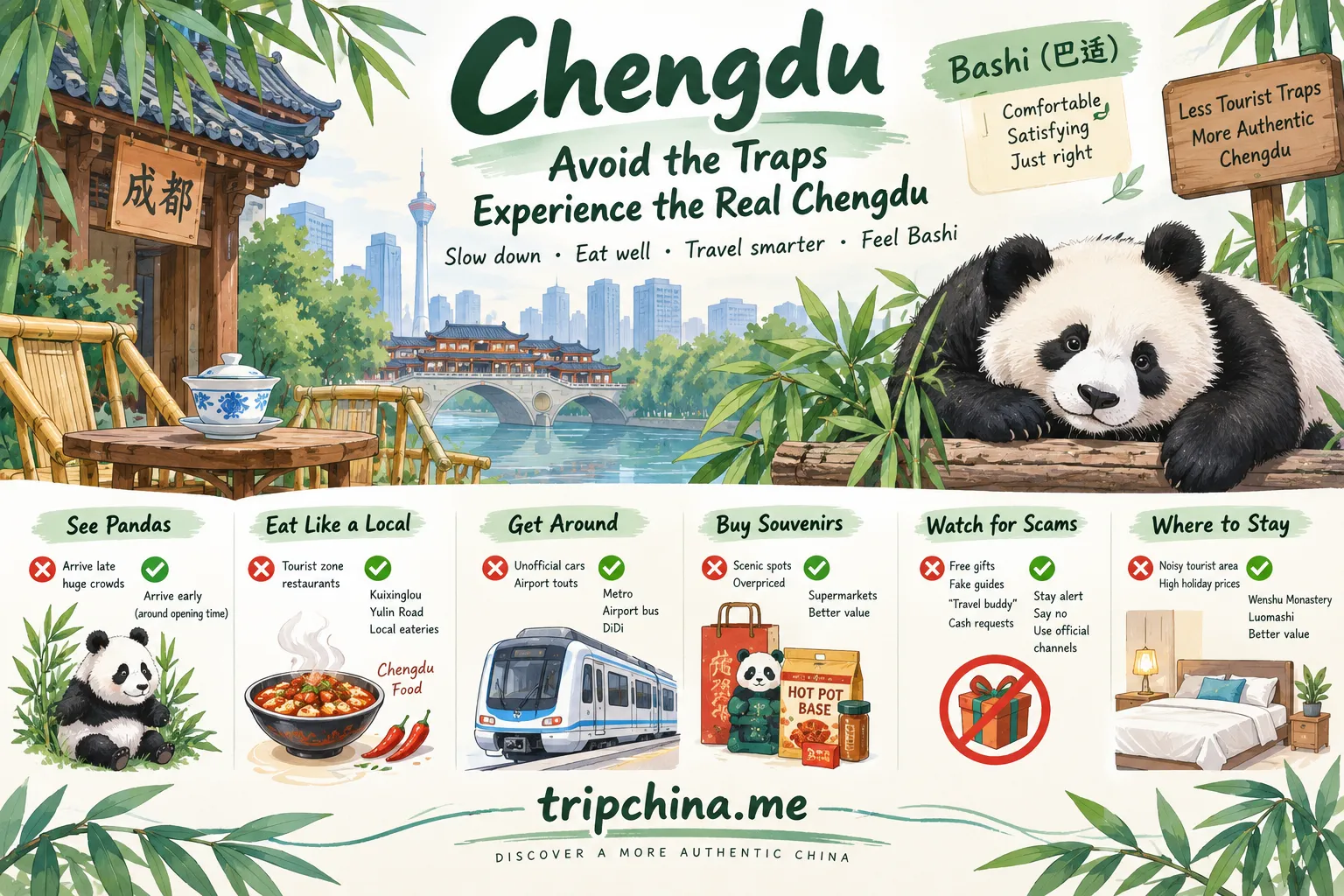 Hand-drawn Chengdu tourist traps guide showing pandas, local food, transport, scams, shopping, accommodation, and the Bashi travel mindset.