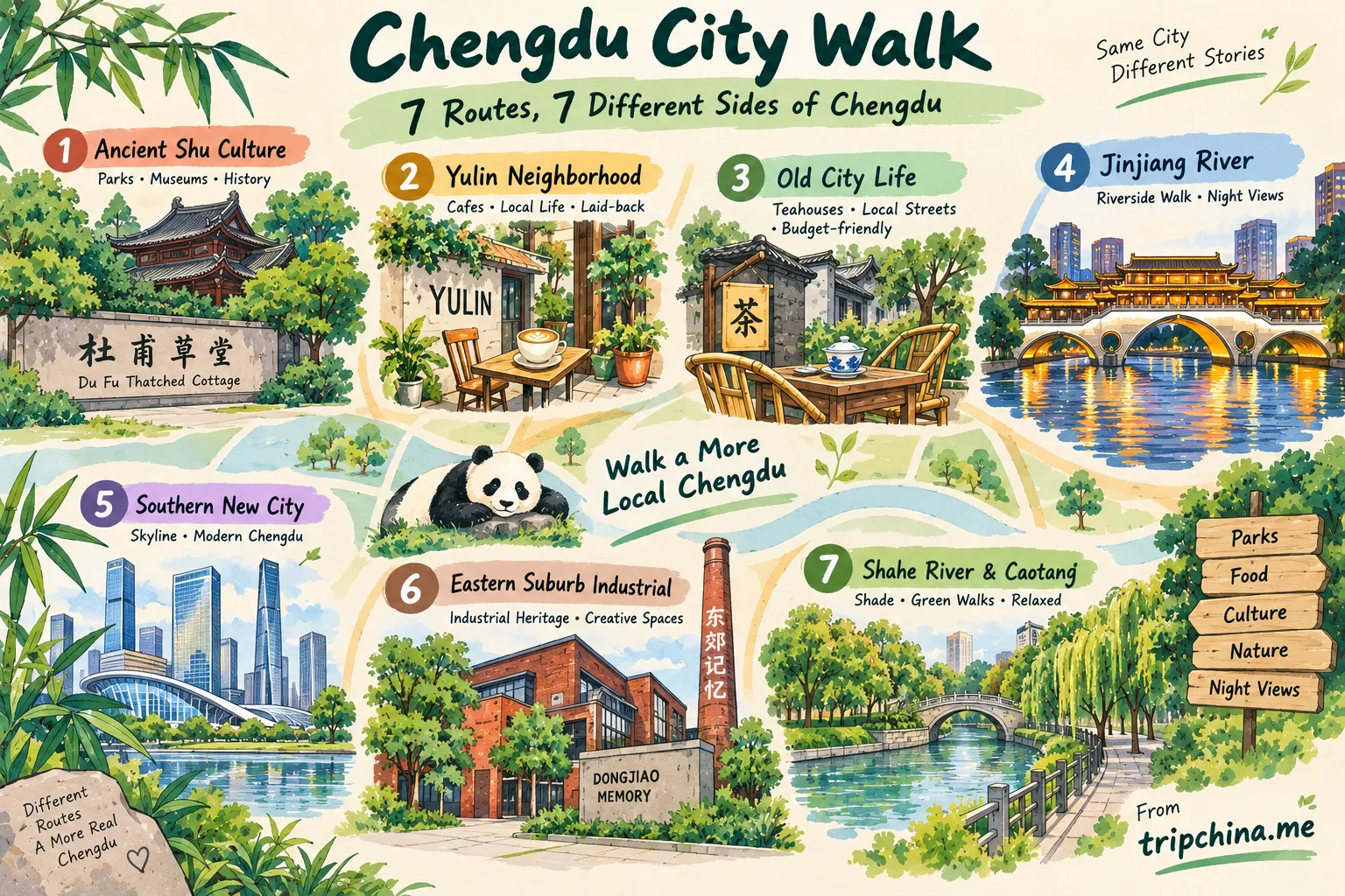 Hand-drawn Chengdu city walk guide showing seven self-guided routes including Yulin, Jinjiang River, Dongjiao Memory, Shahe River and Caotang