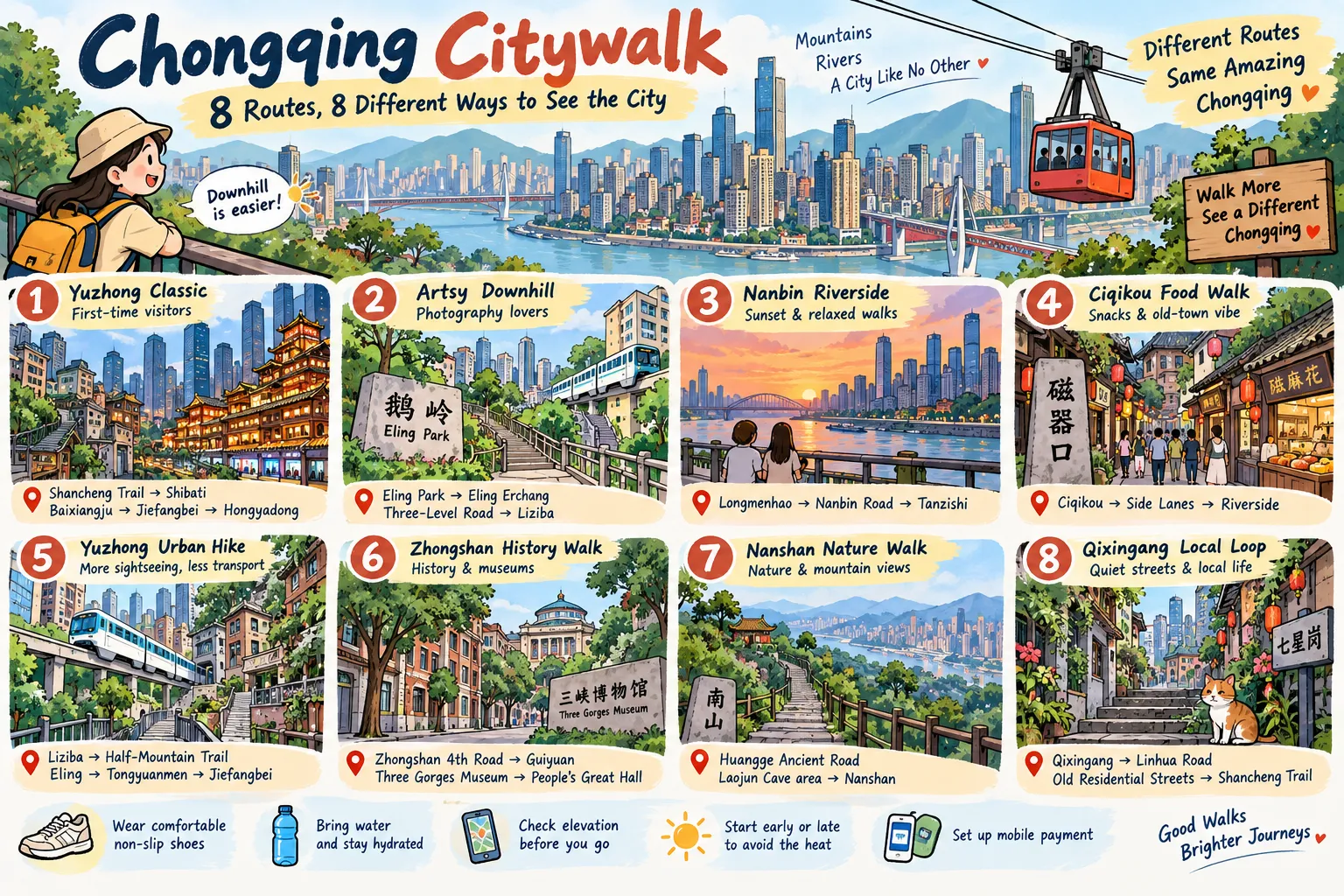 Hand-drawn Chongqing citywalk guide showing 8 walking routes, including Yuzhong, Liziba, Nanbin Road, Ciqikou, Nanshan and Qixingang.
