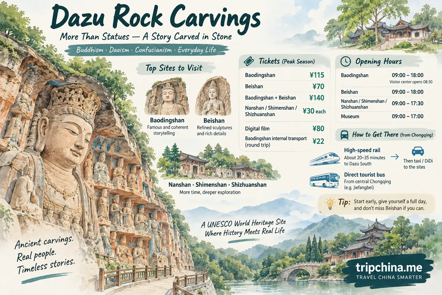 Dazu Rock Carvings guide showing Baodingshan, Beishan, ticket prices, opening hours and transport from Chongqing