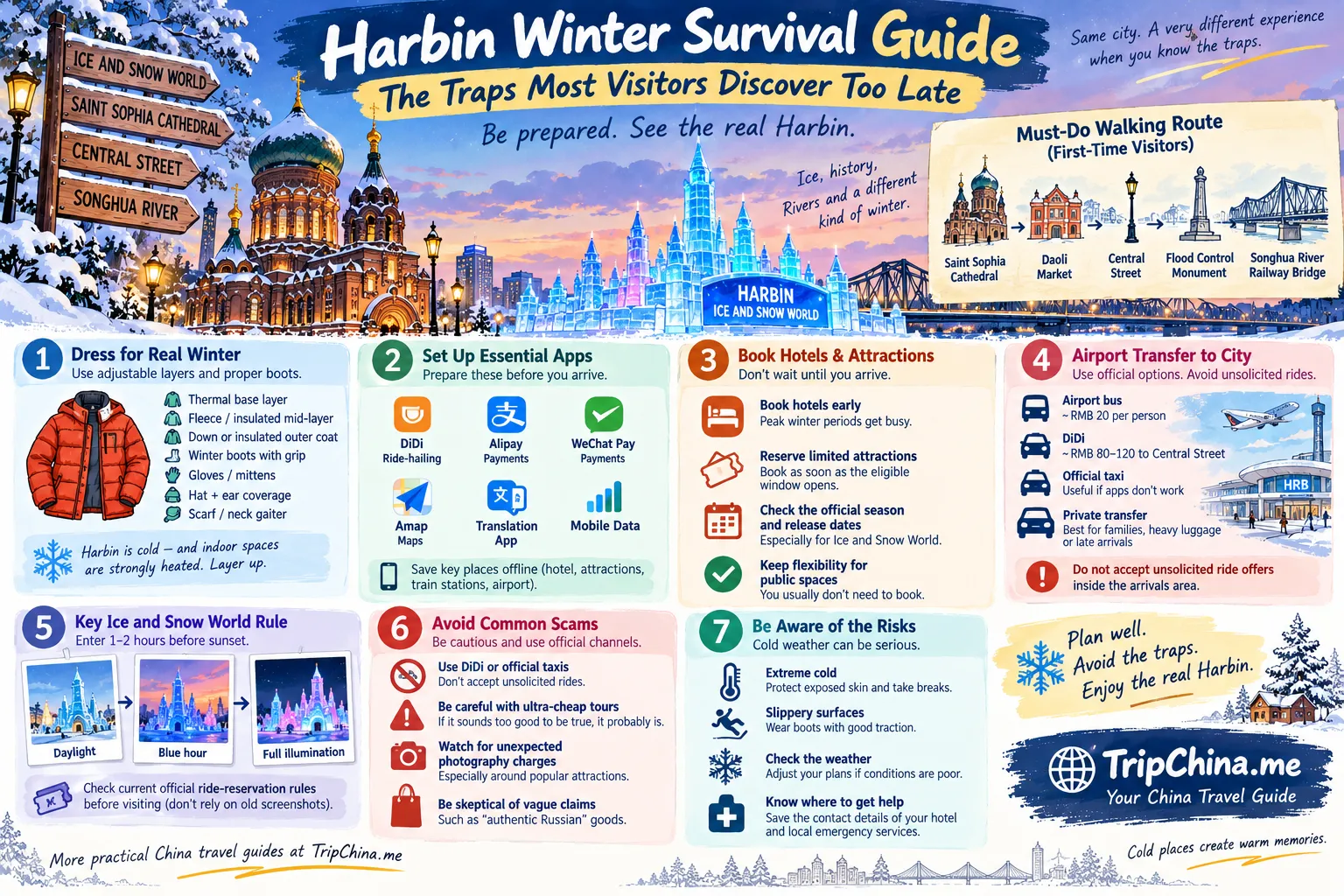 Harbin winter survival guide showing cold-weather clothing, essential travel apps, booking tips, airport transport, Ice and Snow World and common tourist traps