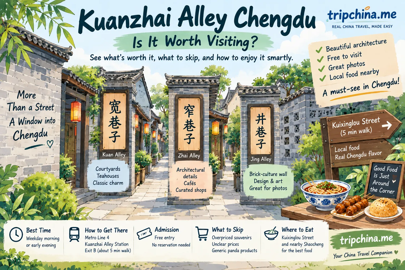 Hand-drawn Kuanzhai Alley Chengdu guide showing Kuan, Zhai and Jing alleys, the best time to visit, metro access and nearby Kuixinglou Street