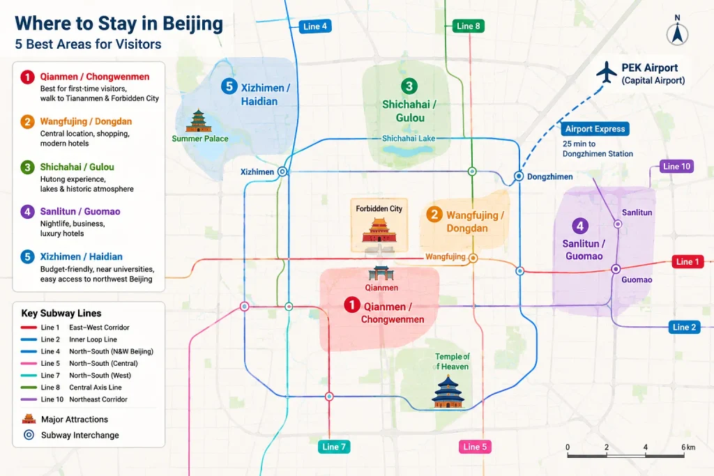 Map of the best areas to stay in Beijing including Qianmen Wangfujing Shichahai Sanlitun and Xizhimen