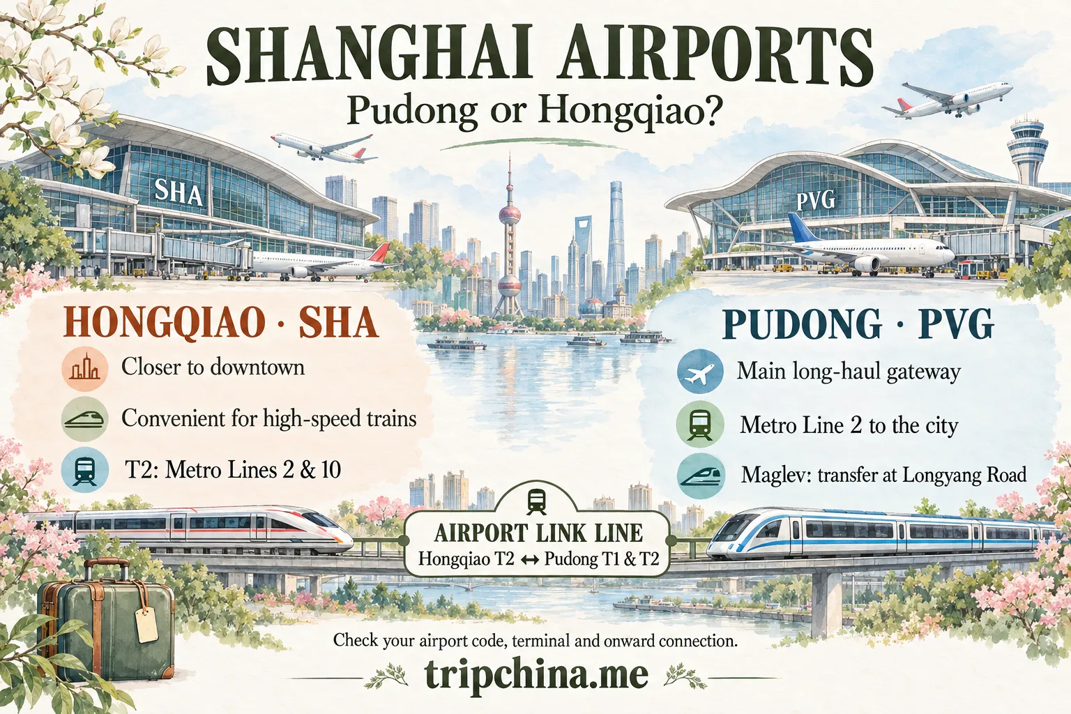 Hand-drawn comparison of Shanghai’s Hongqiao (SHA) and Pudong (PVG) airports, showing city transport options and the Airport Link Line.
