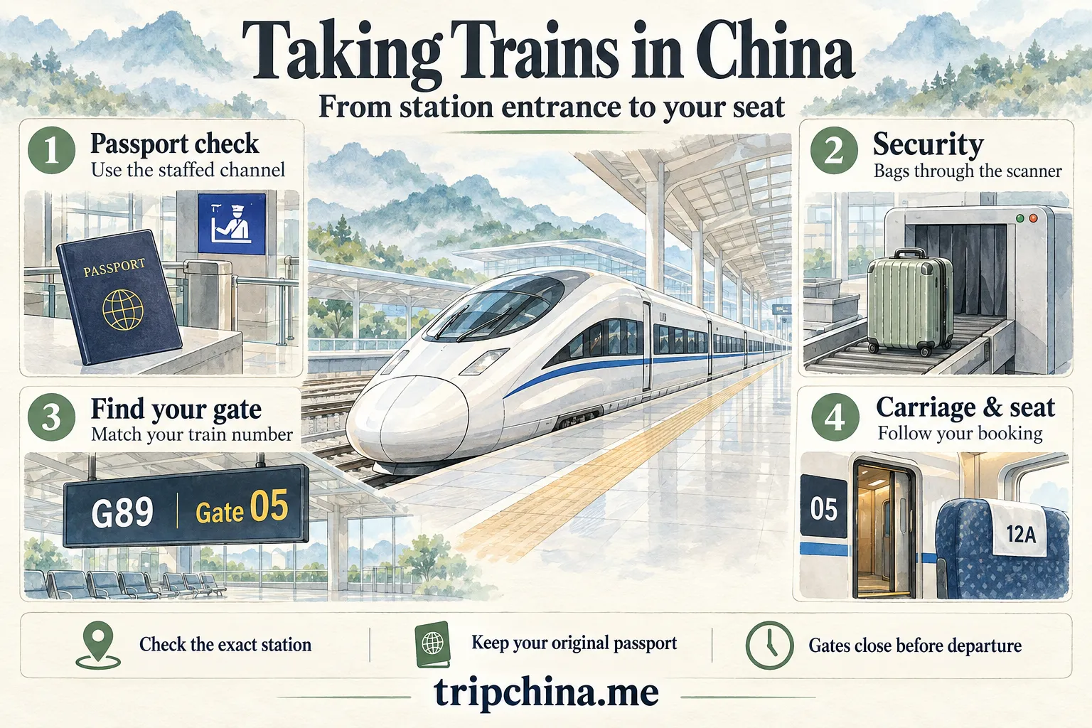 Illustrated guide to taking trains in China, showing passport checks, luggage screening, boarding gates and finding your carriage and seat.