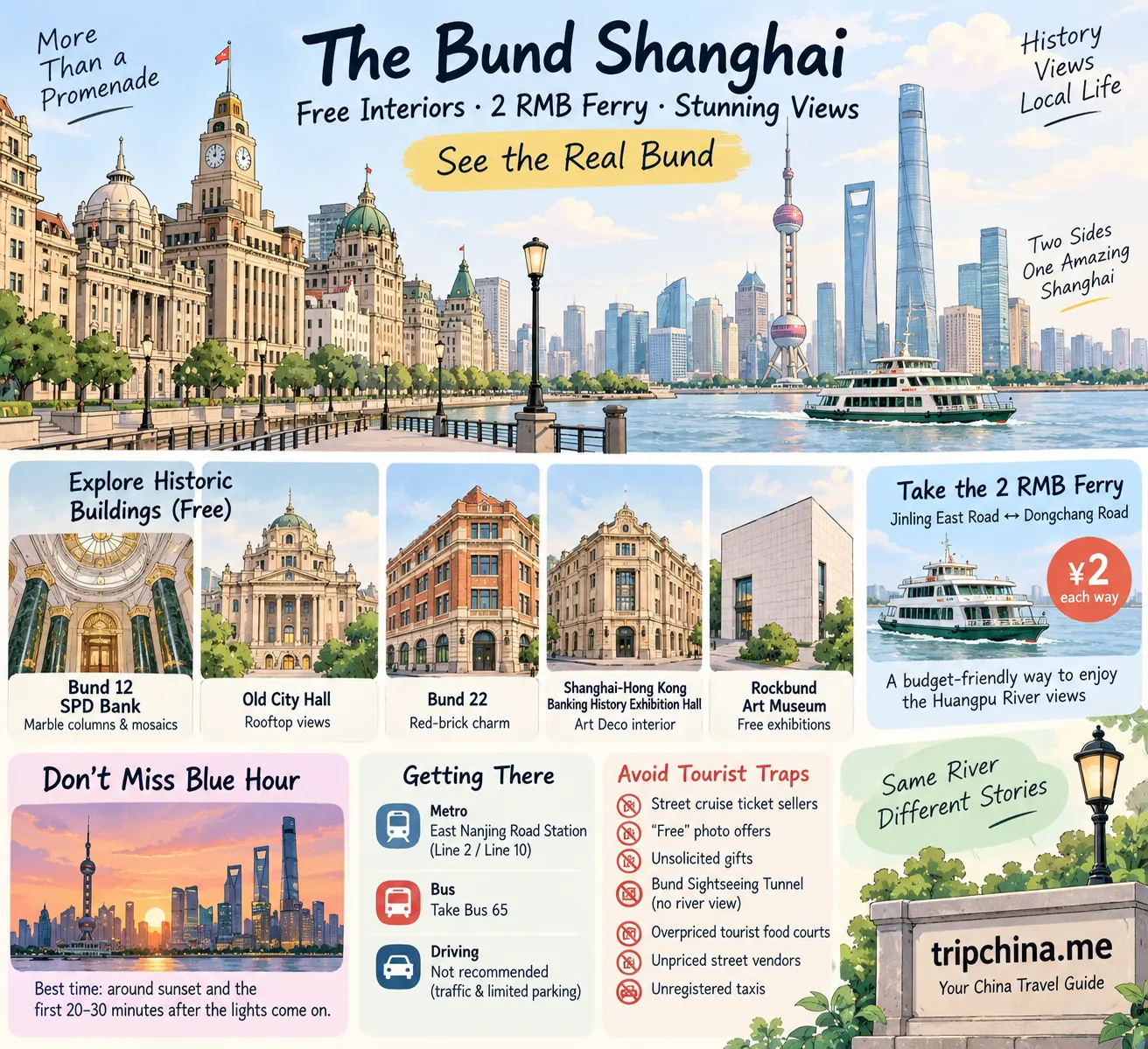 The Bund Shanghai guide showing free historic building interiors, the 2 RMB Huangpu River ferry, Blue Hour views and tourist traps to avoid