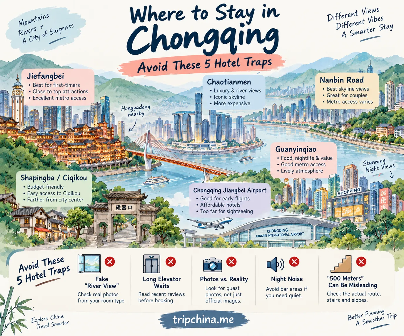 Where to stay in Chongqing guide comparing Jiefangbei, Chaotianmen, Nanbin Road, Guanyinqiao, Shapingba and airport hotels, plus 5 hotel traps to avoid