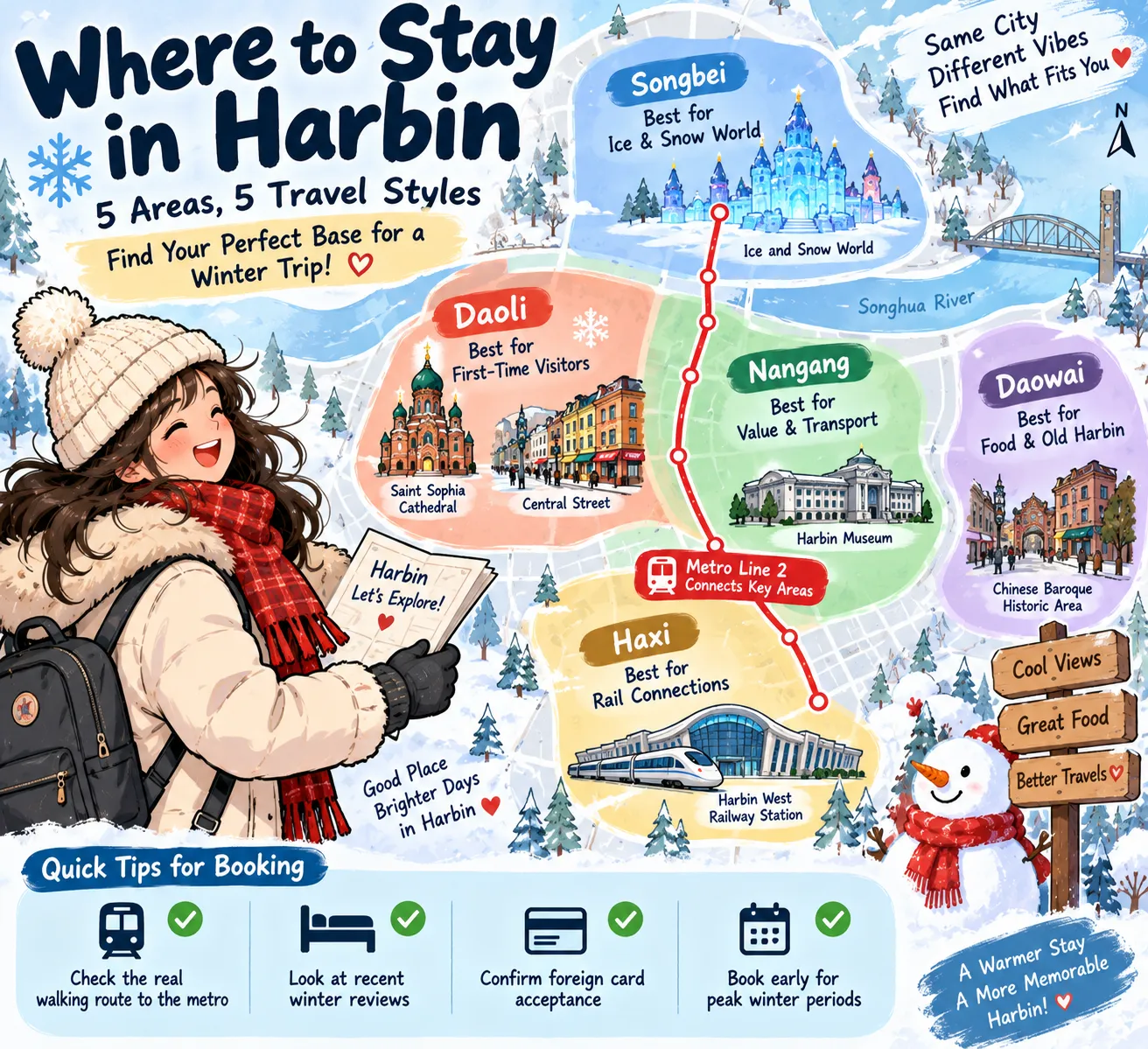 Where to stay in Harbin winter map showing Daoli, Songbei, Nangang, Daowai and Haxi