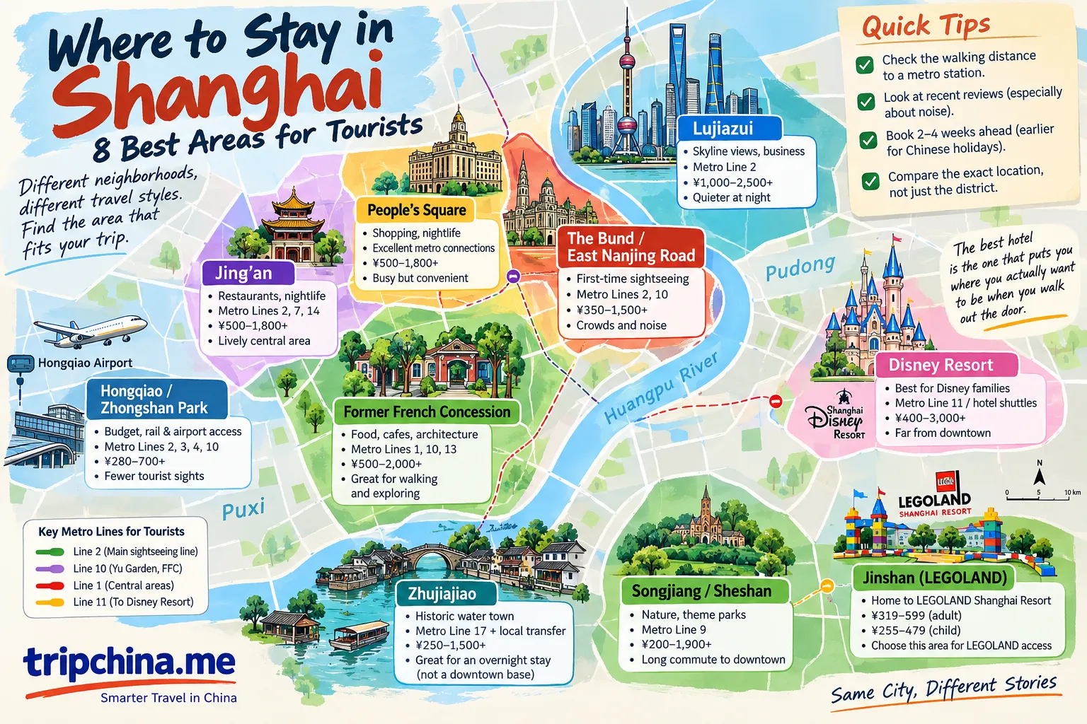 Hand-drawn map of the best areas to stay in Shanghai, including the Bund, French Concession, Lujiazui, Jing’an, Hongqiao, Disney Resort, Zhujiajiao and Songjiang.