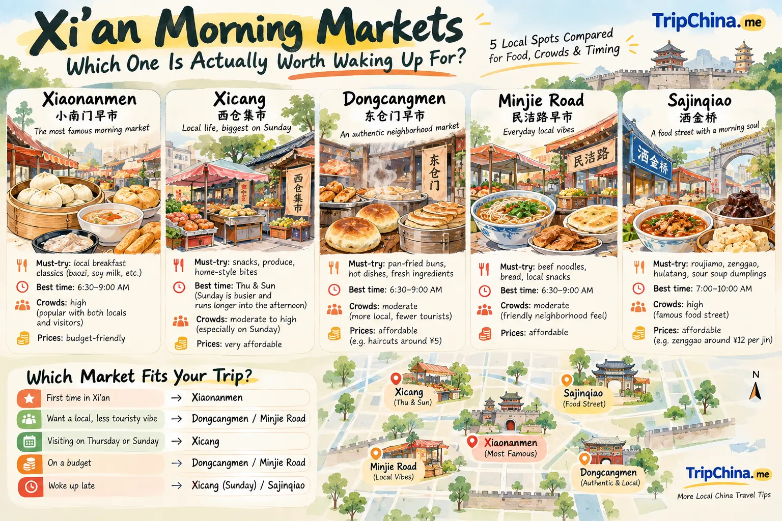 Xi’an morning markets guide comparing Xiaonanmen, Xicang, Dongcangmen, Minjie Road and Sajinqiao for food, crowds and best visiting times