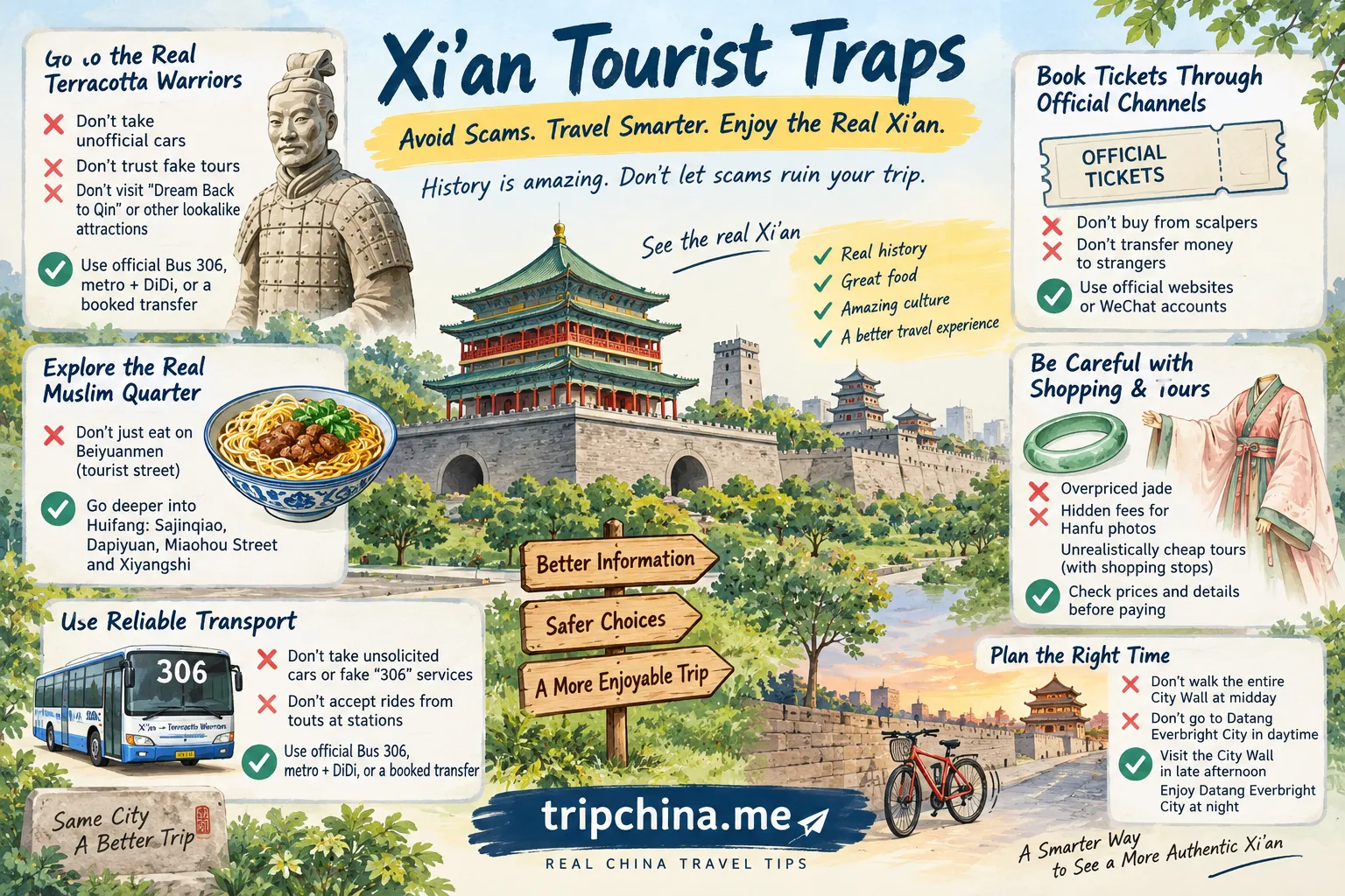 Xi’an tourist traps guide showing Terracotta Warriors scams, official transport, Muslim Quarter food, ticket booking, shopping traps and City Wall travel tips.