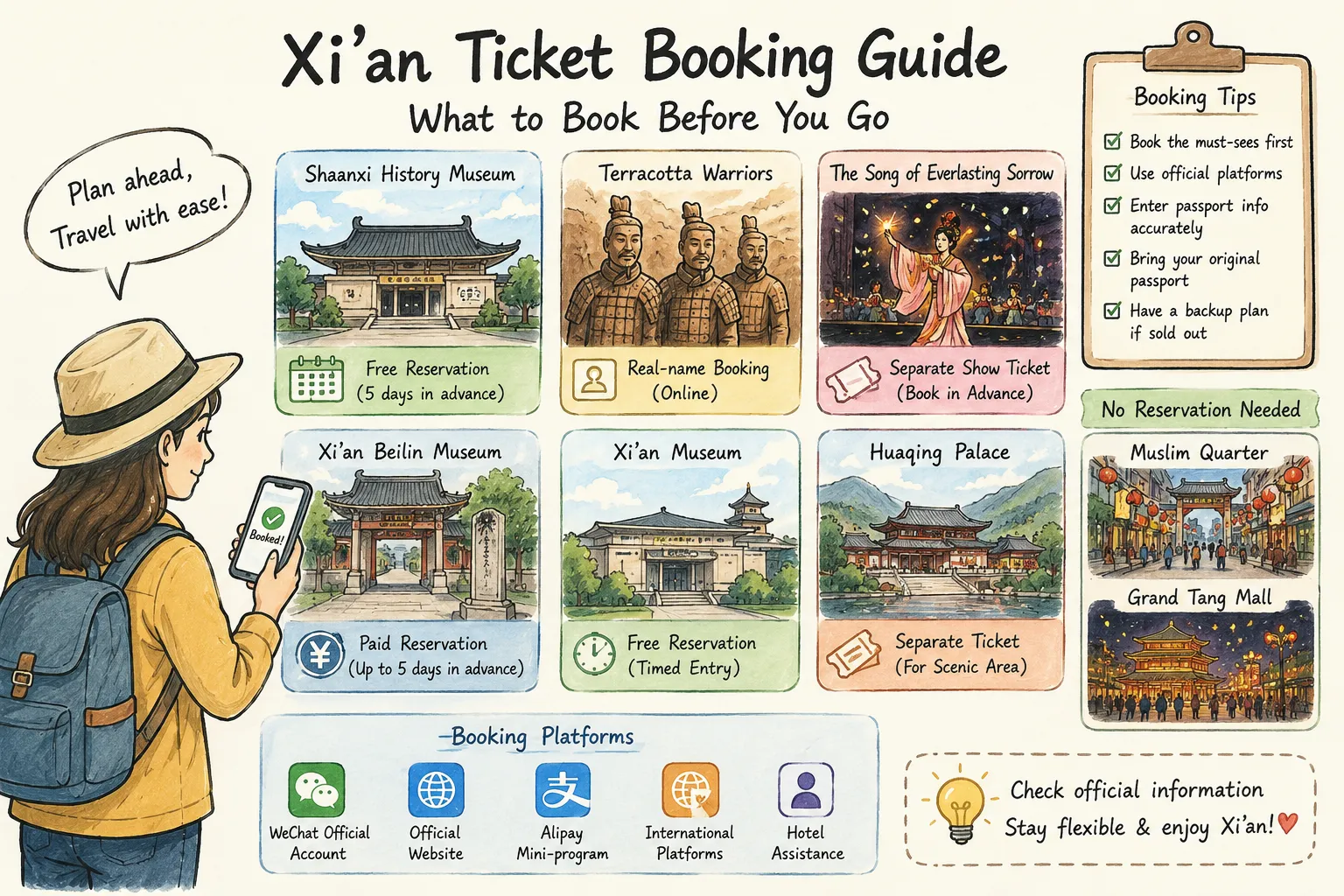 Xi'an ticket booking guide for foreign travelers showing major attractions, reservation rules and booking platforms
