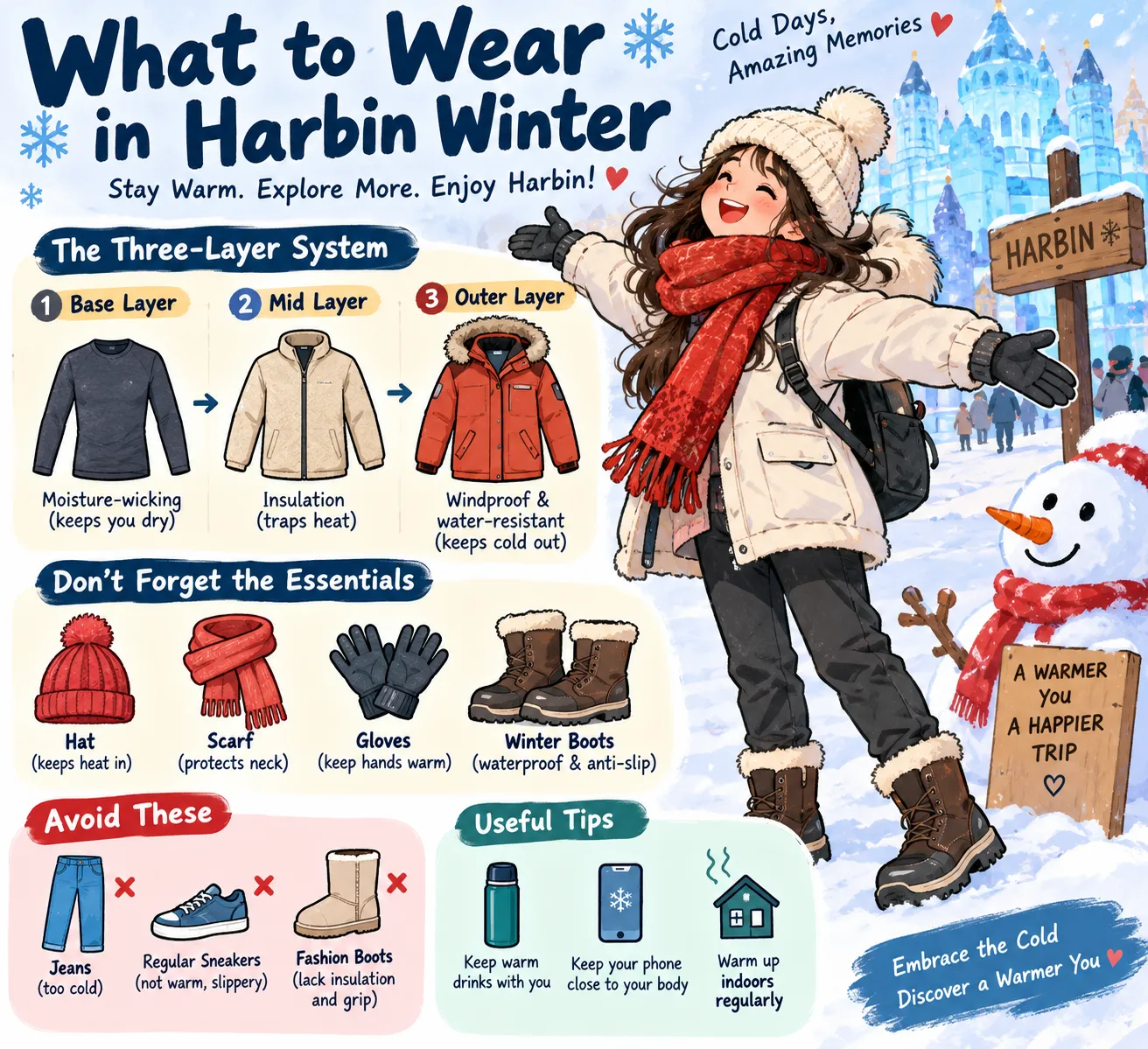 What to wear in Harbin winter with a three-layer clothing system, winter boots, gloves, hat and scarf