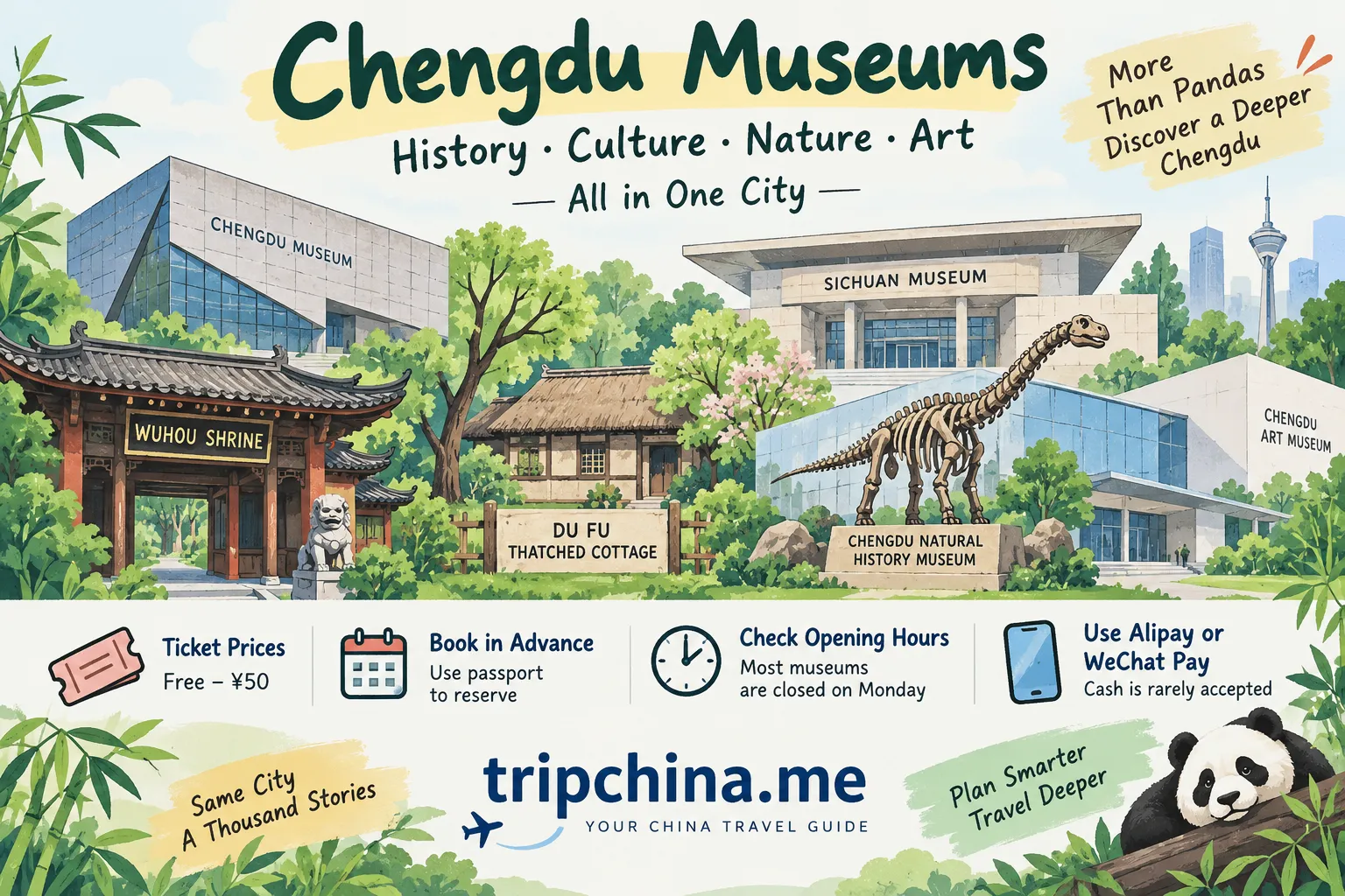 Chengdu museums guide showing Chengdu Museum, Sichuan Museum, Wuhou Shrine, Du Fu Thatched Cottage and Natural History Museum.