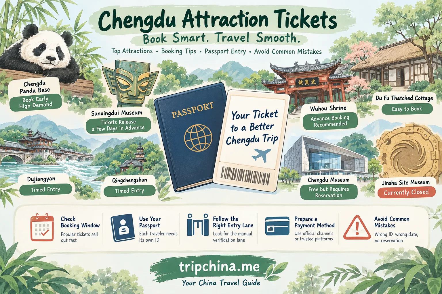 Chengdu attraction tickets for foreigners showing passport booking, timed entry and major sights including Panda Base and Sanxingdui