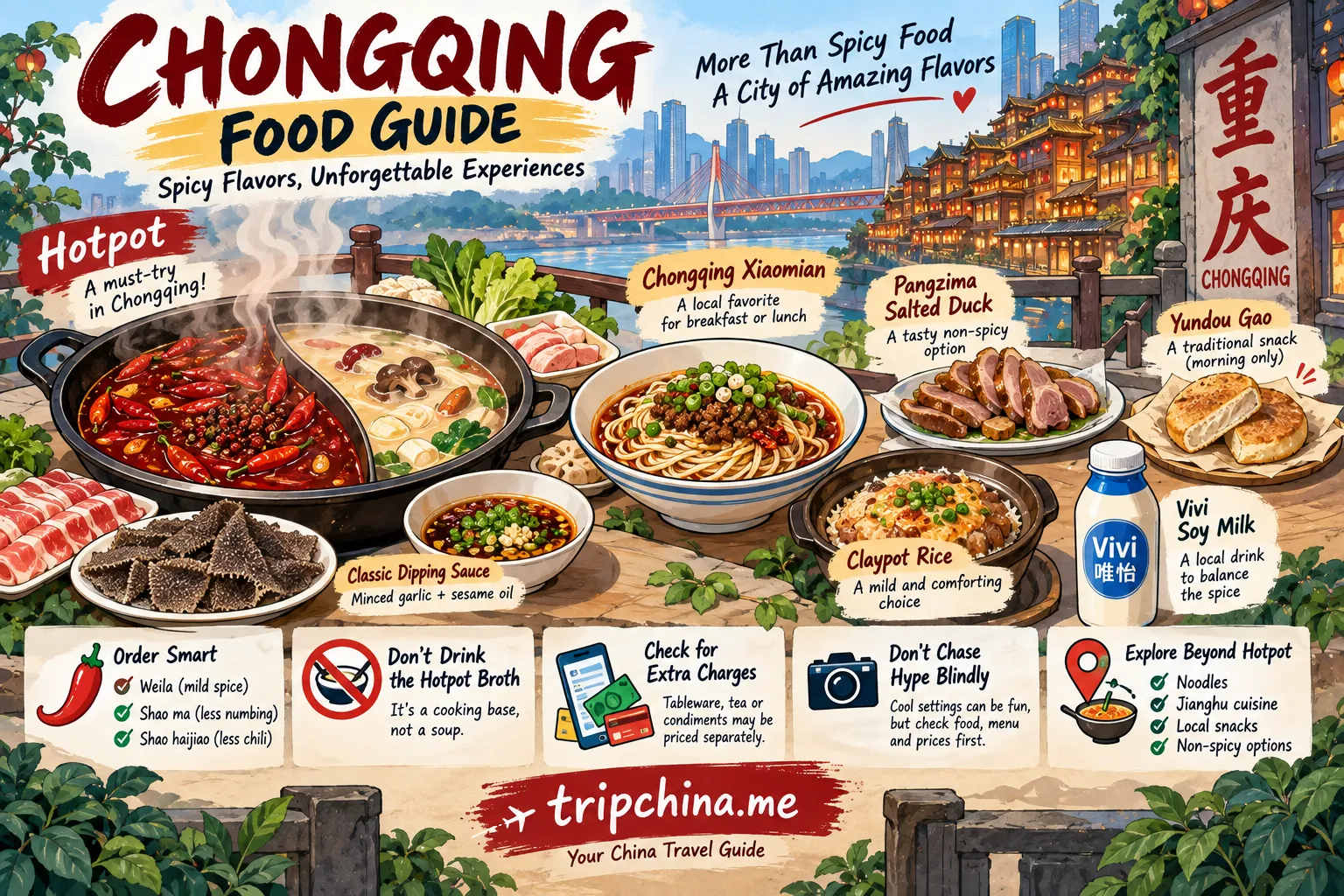 Chongqing food guide featuring hotpot, Chongqing xiaomian, salted duck, yundou gao, claypot rice and local ordering tips