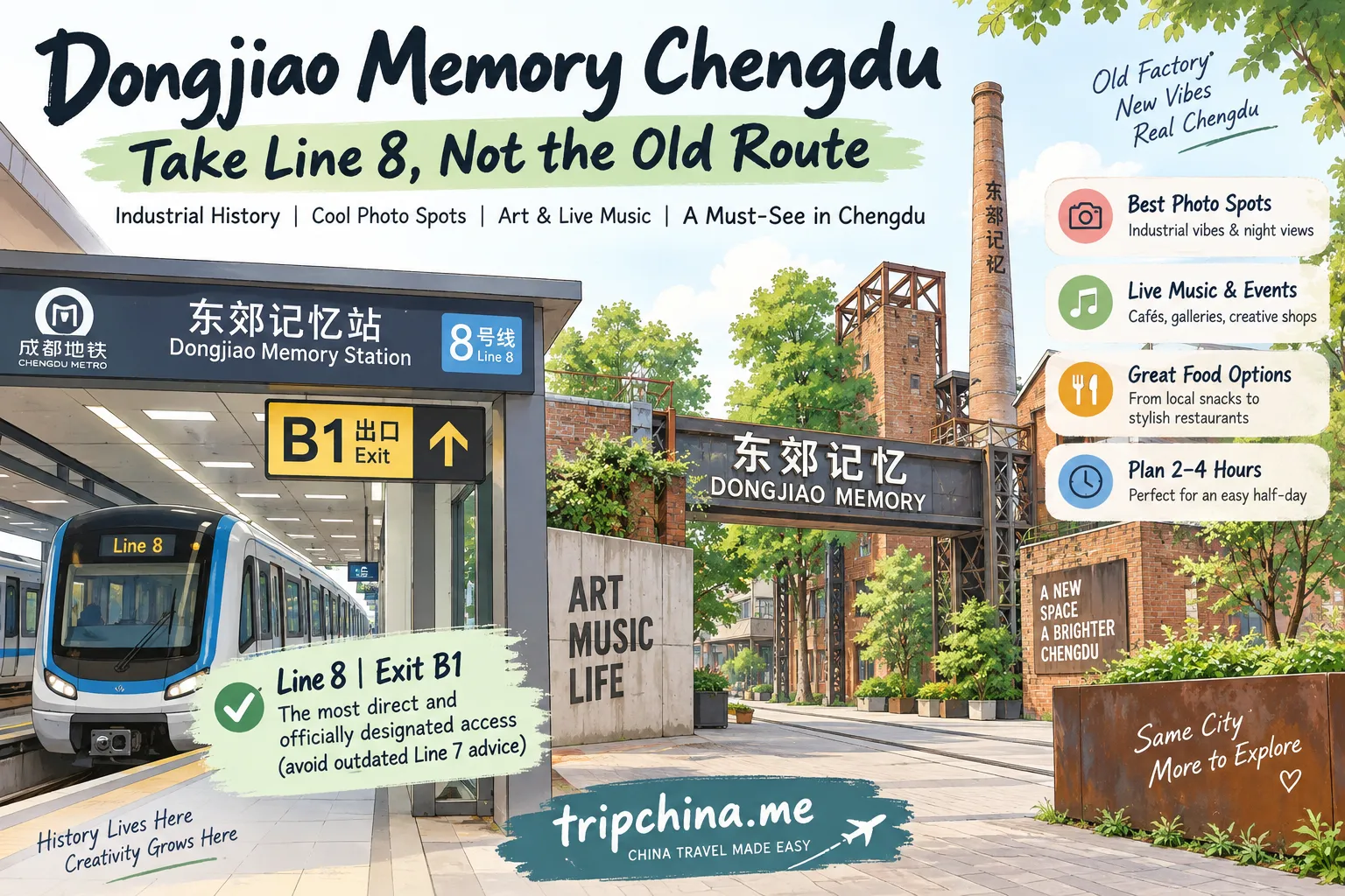 Dongjiao Memory Chengdu illustrated guide showing Line 8 Exit B1, industrial heritage, photo spots, live music and a 2–4 hour visit.