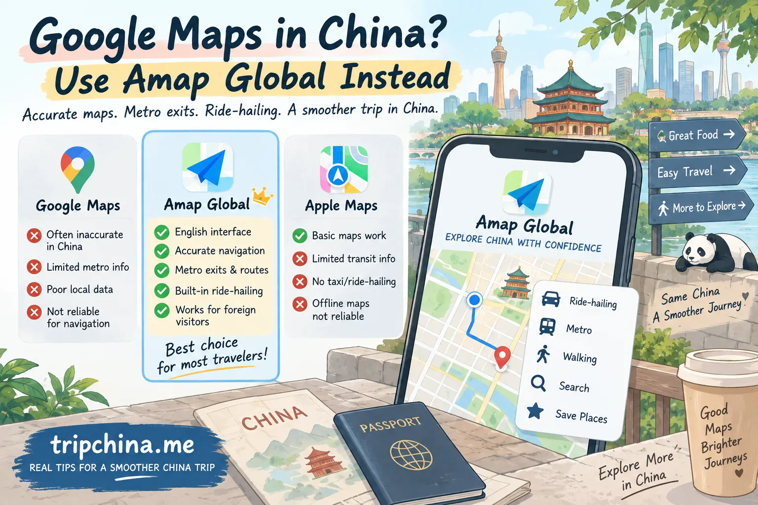 Google Maps in China vs Amap Global illustrated guide comparing navigation, metro exits, ride-hailing and Apple Maps for foreign travelers.