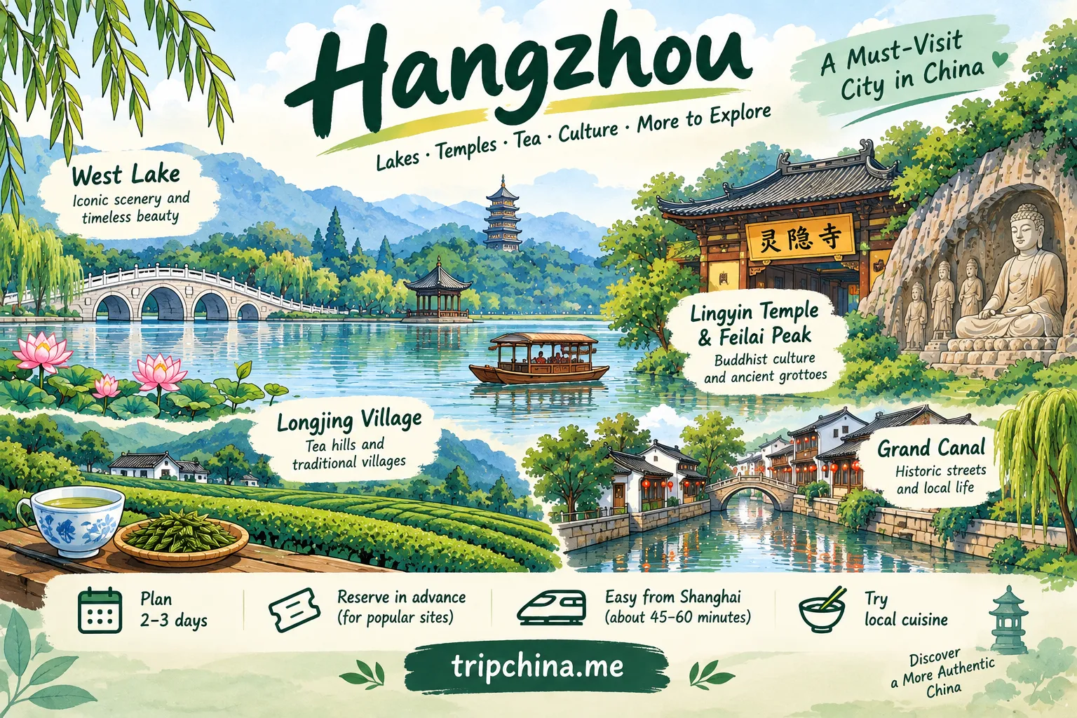 Hangzhou travel guide illustration featuring West Lake, Lingyin Temple, Longjing tea fields and the Grand Canal