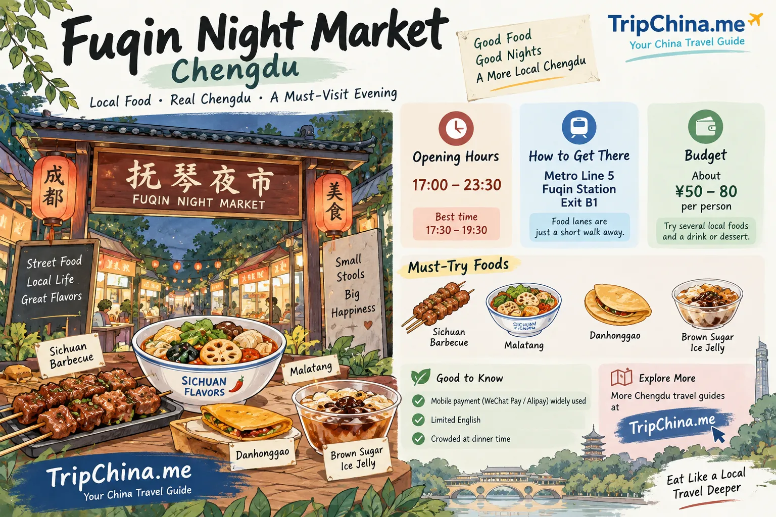 Fuqin Night Market Chengdu guide showing Sichuan barbecue, malatang, danhonggao, brown sugar ice jelly, Metro Line 5 access and visiting tips.