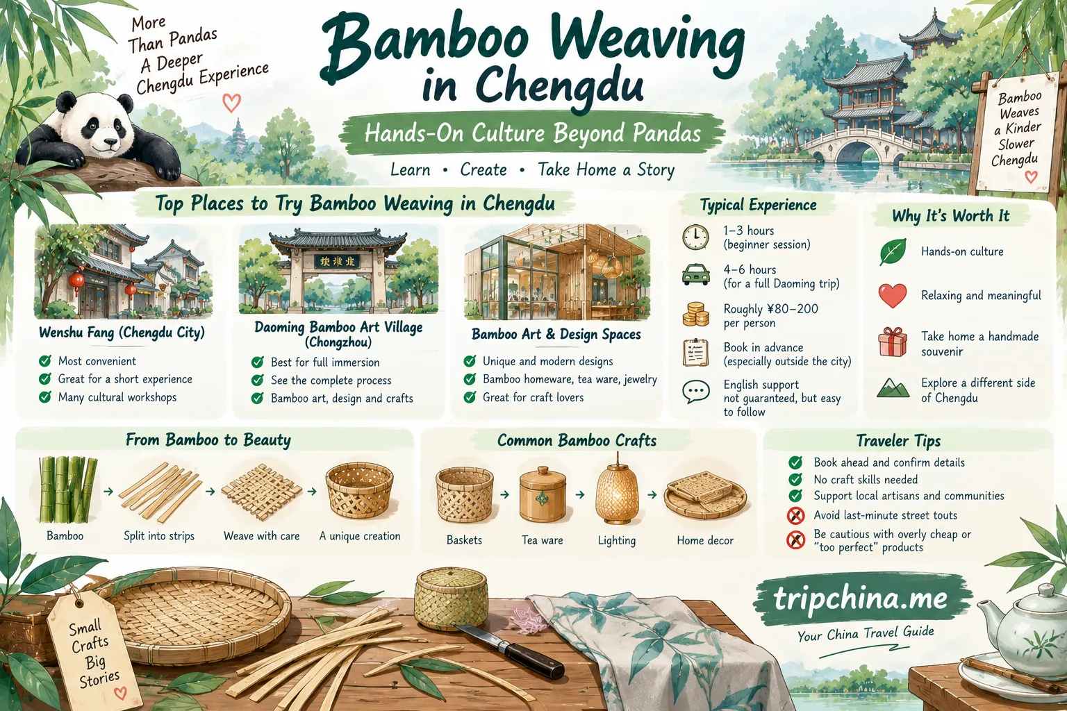 Bamboo weaving in Chengdu illustration showing Wenshu Fang, Daoming Bamboo Art Village, traditional bamboo crafts and hands-on workshop tips
