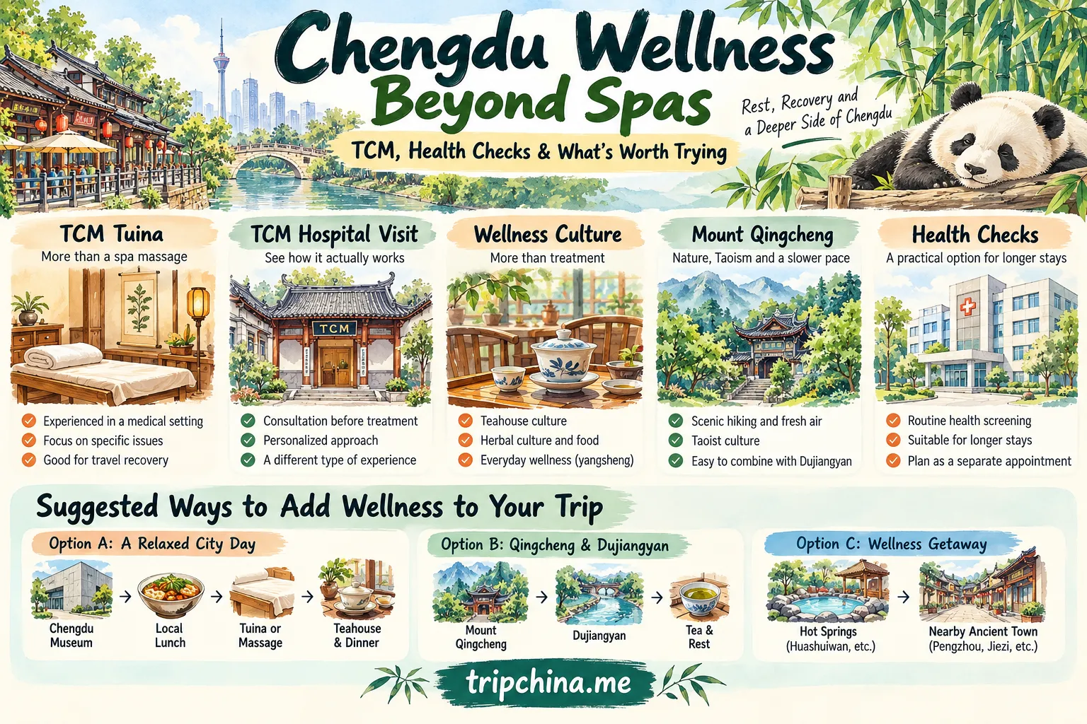 Chengdu wellness guide showing TCM tuina, health checks, teahouse culture, Mount Qingcheng and wellness itinerary ideas
