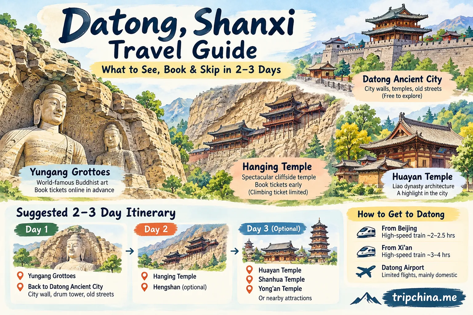 Datong Shanxi travel guide map showing Yungang Grottoes, Hanging Temple, ancient city and a 2–3 day itinerary
