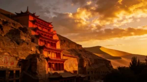 Cave temples and murals beside desert dunes at sunset in Dunhuang, China