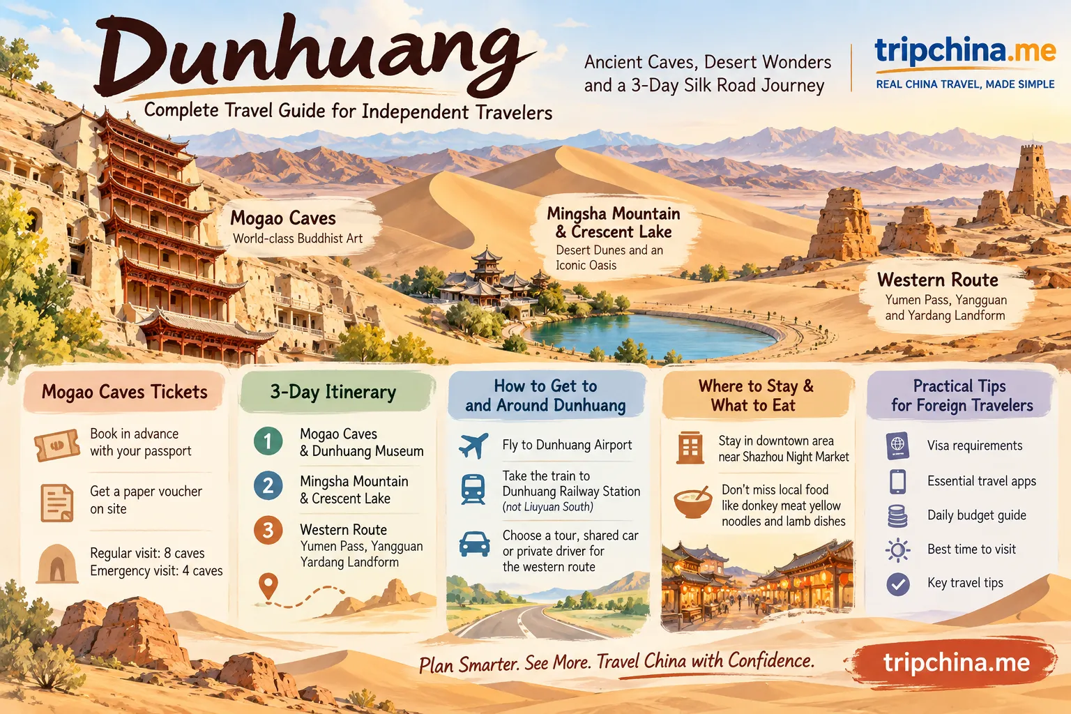 Dunhuang travel guide infographic showing Mogao Caves, Mingsha Mountain, Crescent Lake, the Western Route and a practical 3-day itinerary.