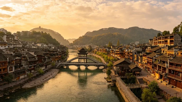 Fenghuang Ancient Town and Tuojiang River at sunset, with traditional riverside wooden houses and bridges
