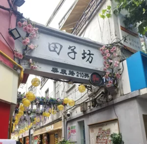 Tianzifang entrance sign at Lane 210, Taikang Road, Shanghai, framed by pink flowers and yellow hanging lanterns.