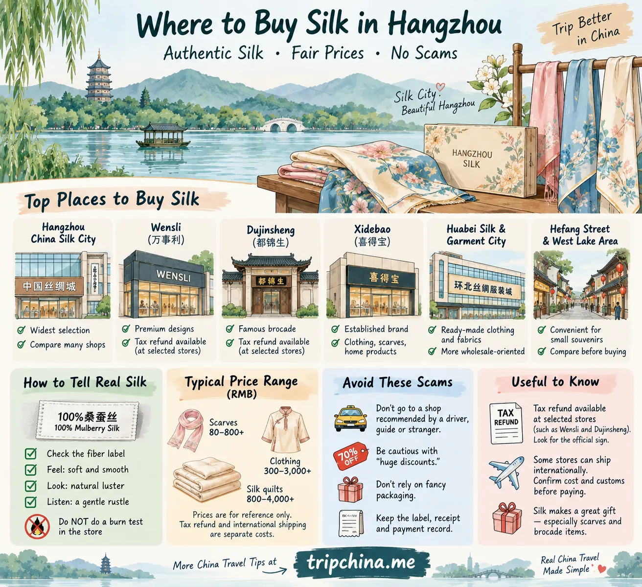 Where to buy silk in Hangzhou illustration showing China Silk City, trusted silk brands, real silk checks, prices and shopping scams to avoid
